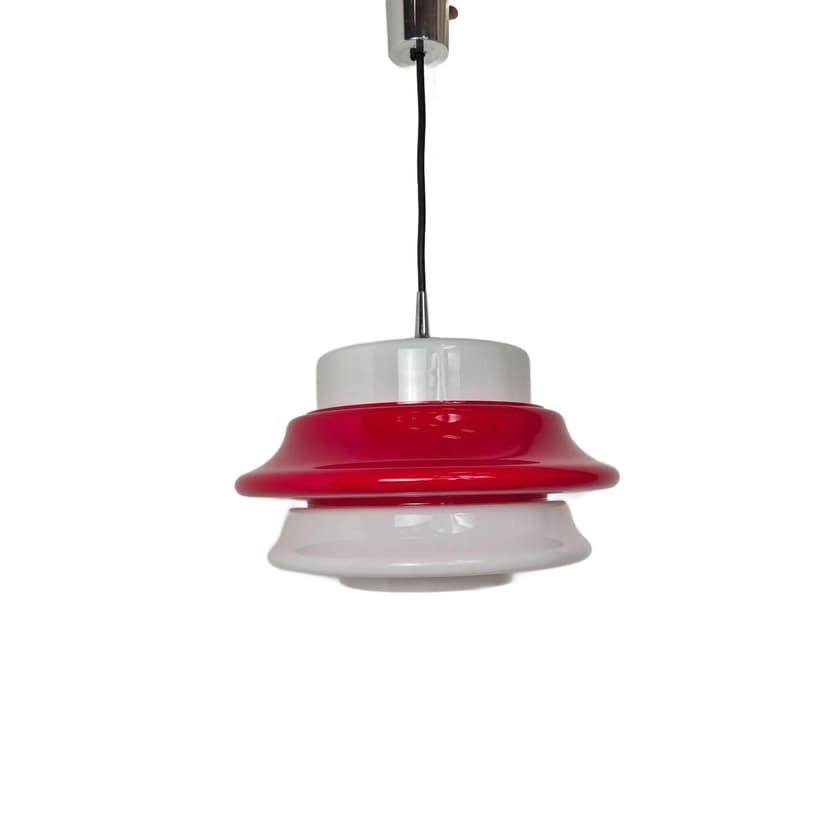 Pendant Lamp Space Age, white and red glass, Peill & Putzler, Germany, 1970s.