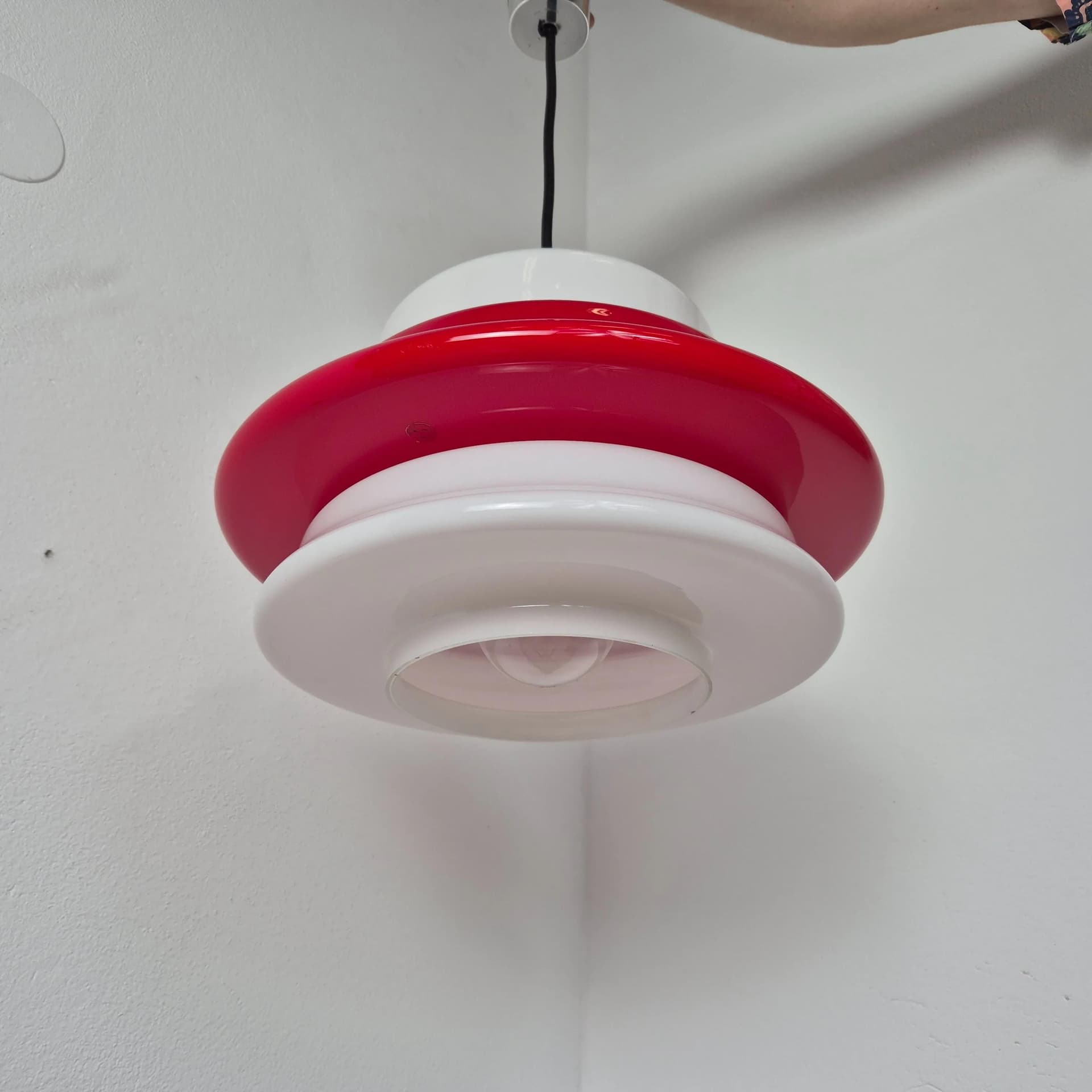 Pendant Lamp Space Age, white and red glass, Peill & Putzler, Germany, 1970s. - 69364