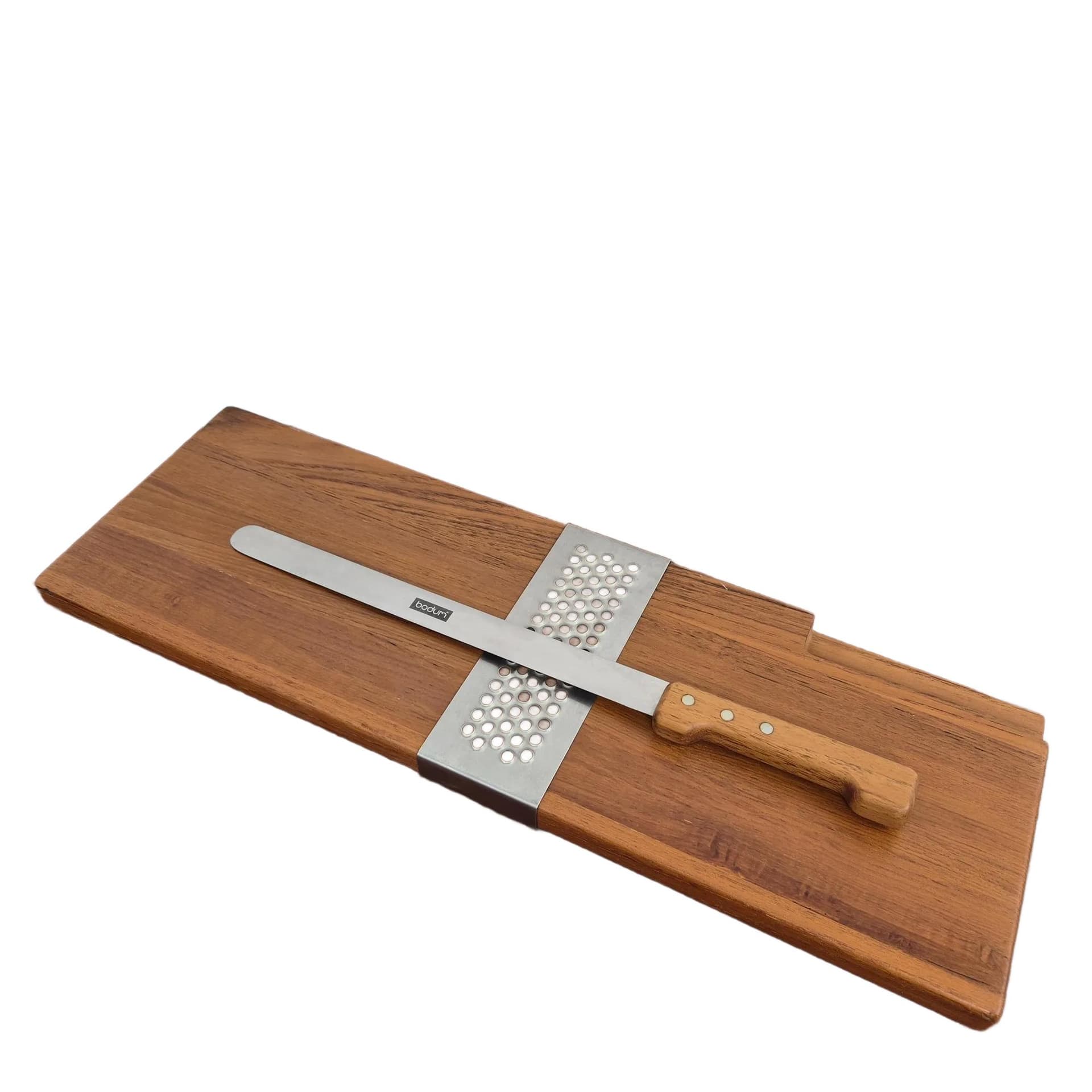 Ham carving board with knife, teak, by R. Nissen, Bodum, Denmark, 1970s.