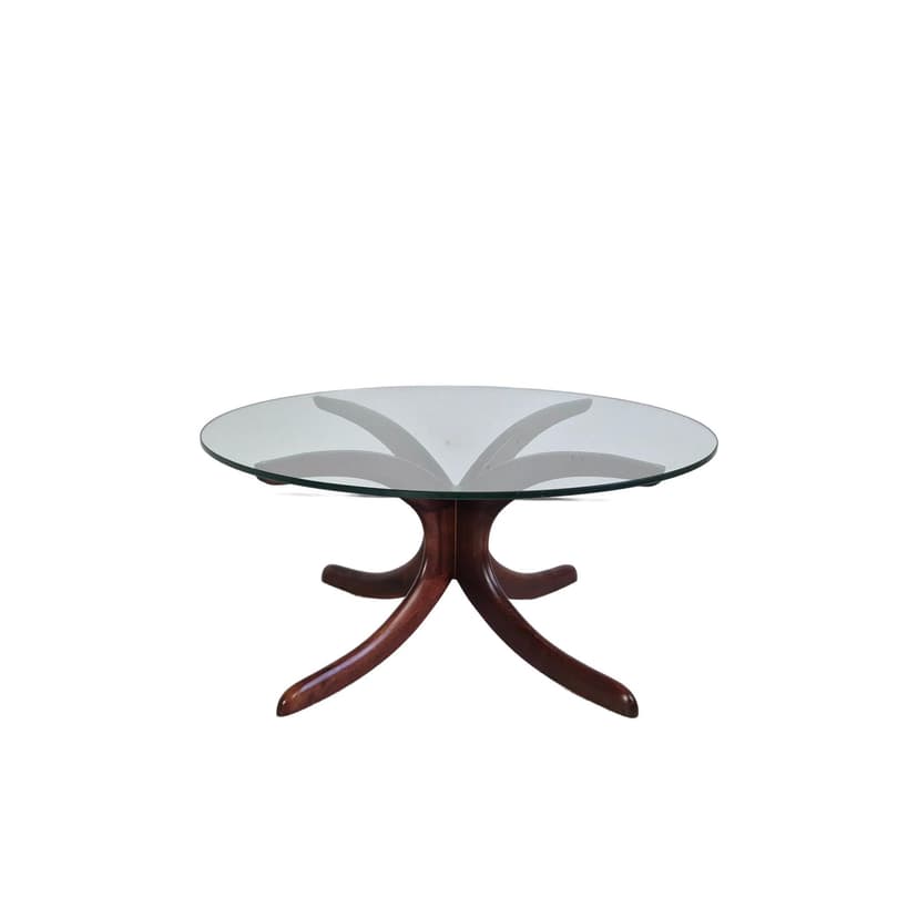 Round coffee table, brown mahogany, glass, Denmark, 1970s.