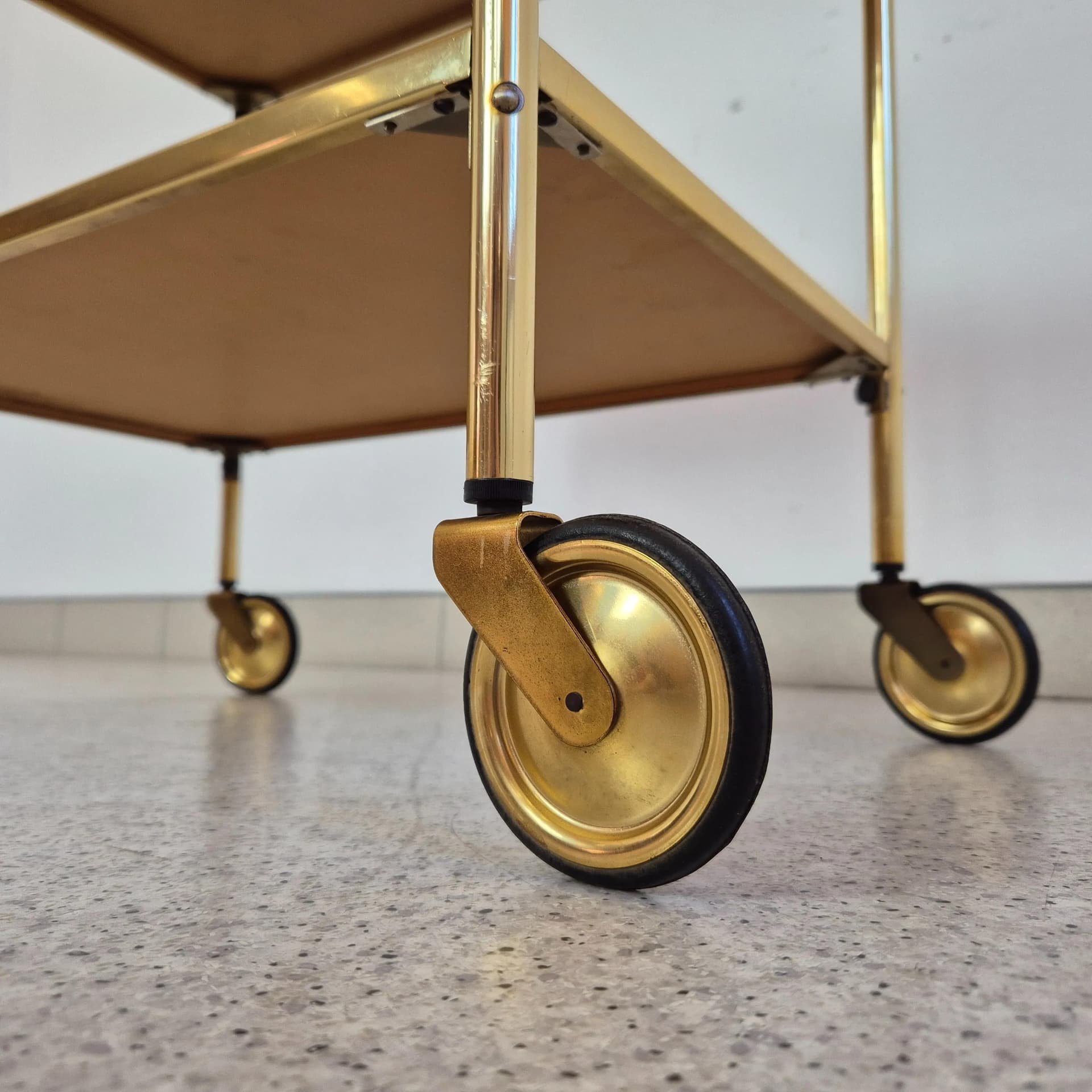 Bar cart Brussel, golden aluminum, black glass, Germany, 1970s. - 69020
