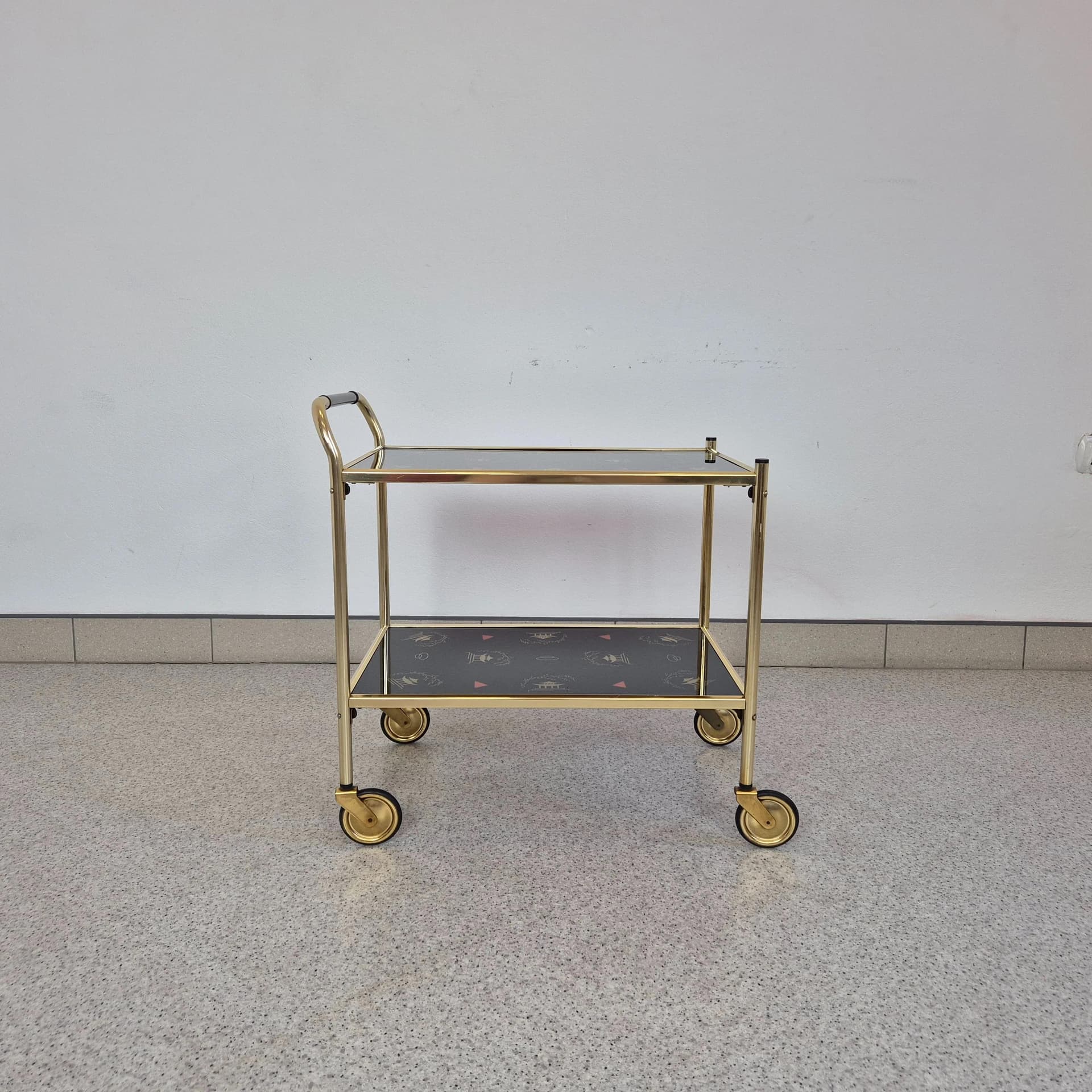 Bar cart Brussel, golden aluminum, black glass, Germany, 1970s. - 69019
