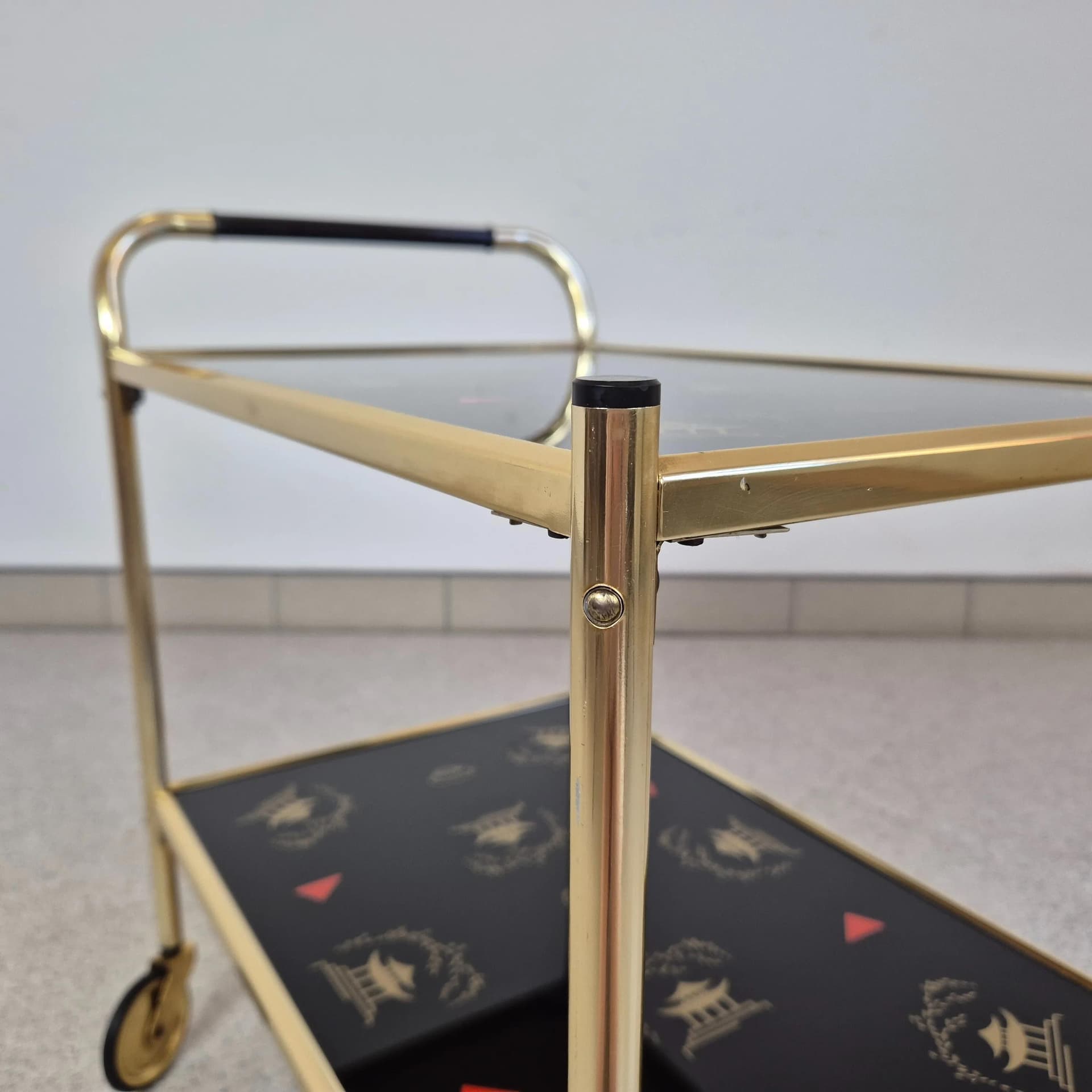 Bar cart Brussel, golden aluminum, black glass, Germany, 1970s. - 69022