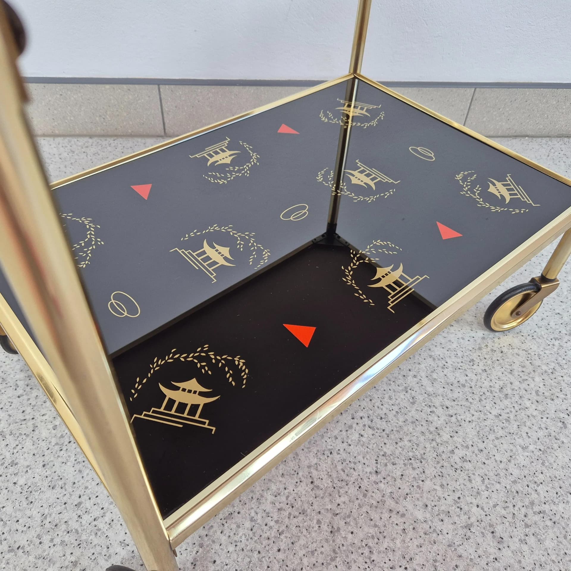 Bar cart Brussel, golden aluminum, black glass, Germany, 1970s. - 69021