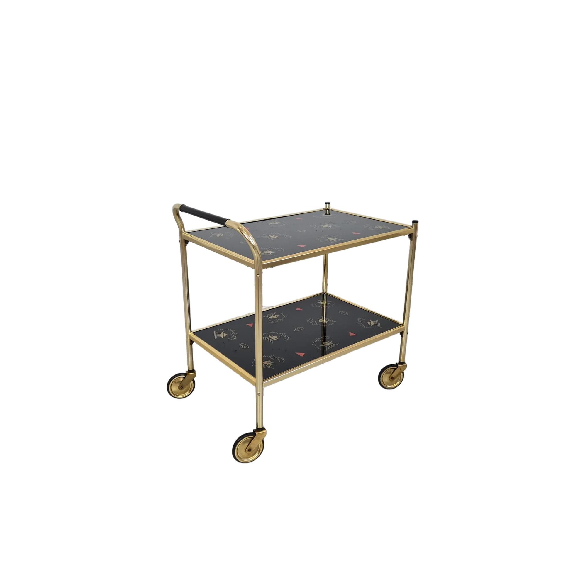 Bar cart Brussel, golden aluminum, black glass, Germany, 1970s.