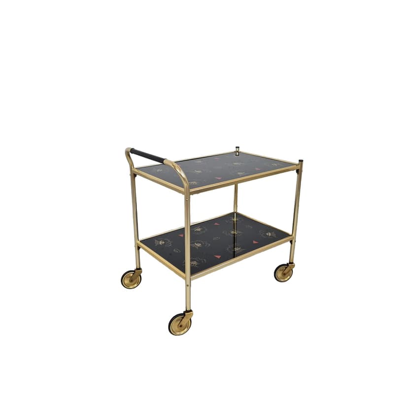 Bar cart Brussel, golden aluminum, black glass, Germany, 1970s.