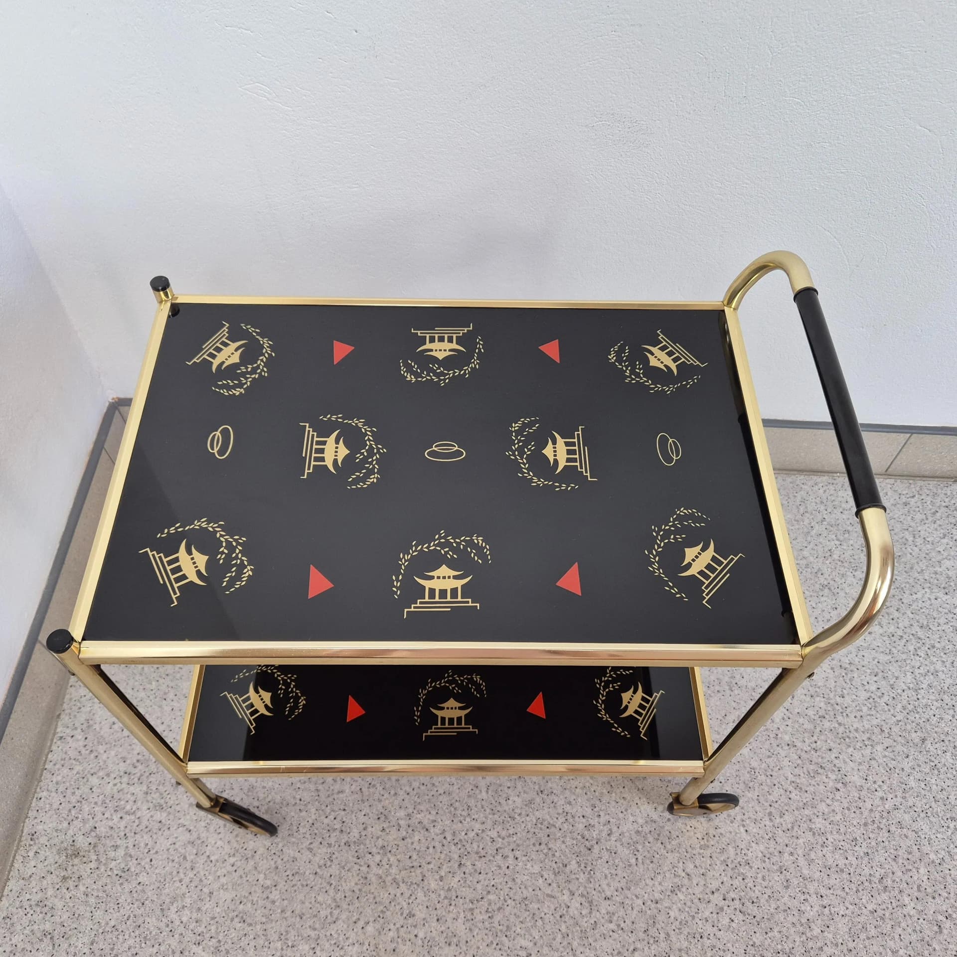 Bar cart Brussel, golden aluminum, black glass, Germany, 1970s. - 69023