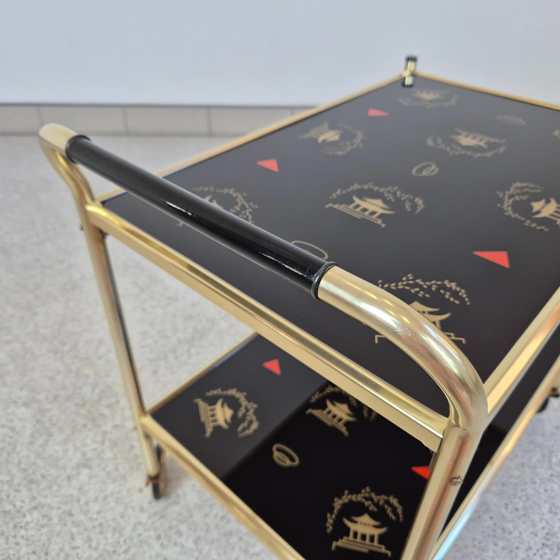 Bar cart Brussel, golden aluminum, black glass, Germany, 1970s. - 69024