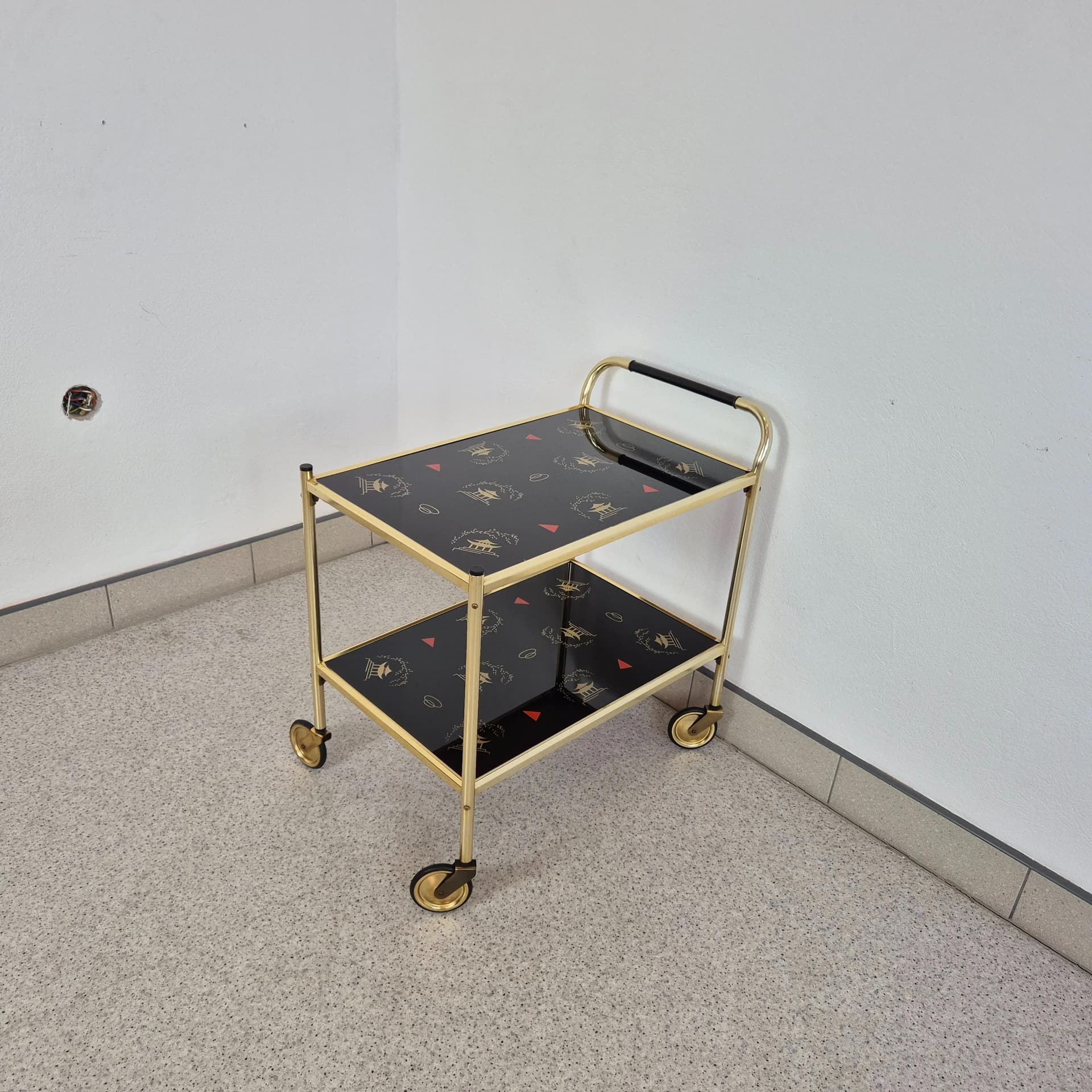 Bar cart Brussel, golden aluminum, black glass, Germany, 1970s. - 69025