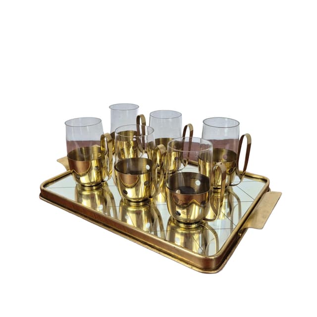 Komplet szklanek z tacą, złoty, szkło mosiądz, Niemcy, lata 50. - WYMIARY