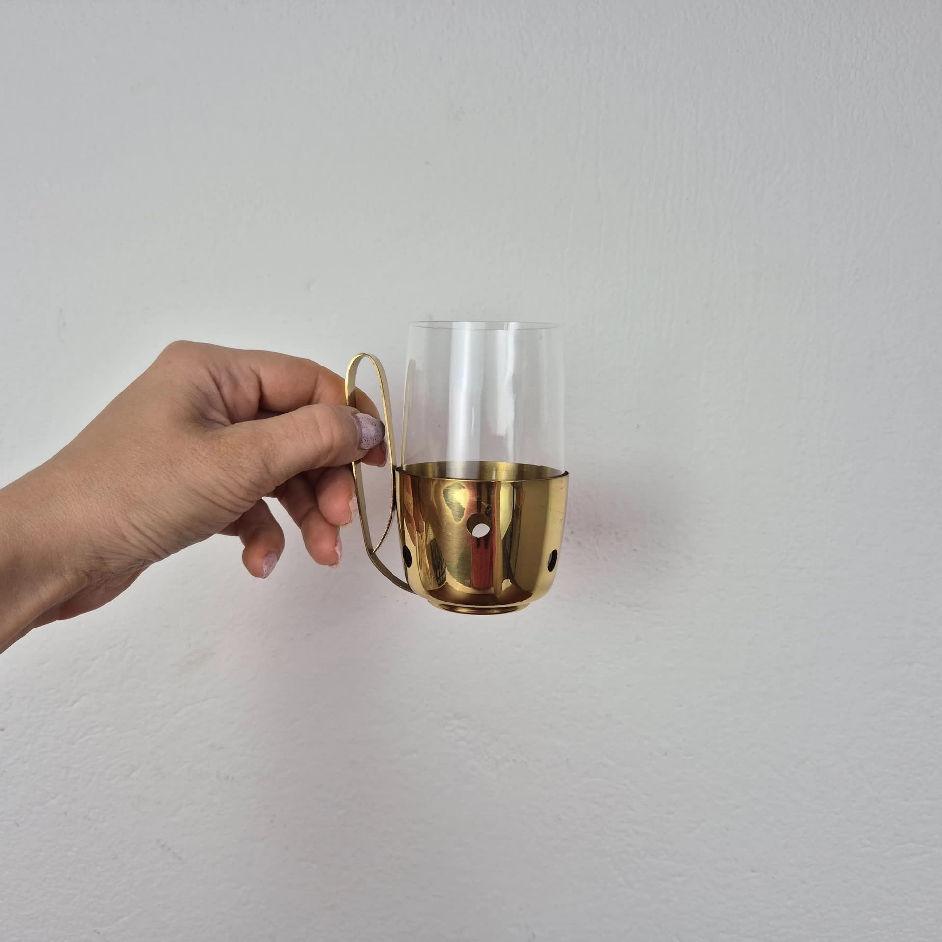 Komplet szklanek z tacą, złoty, szkło mosiądz, Niemcy, lata 50. - 68974