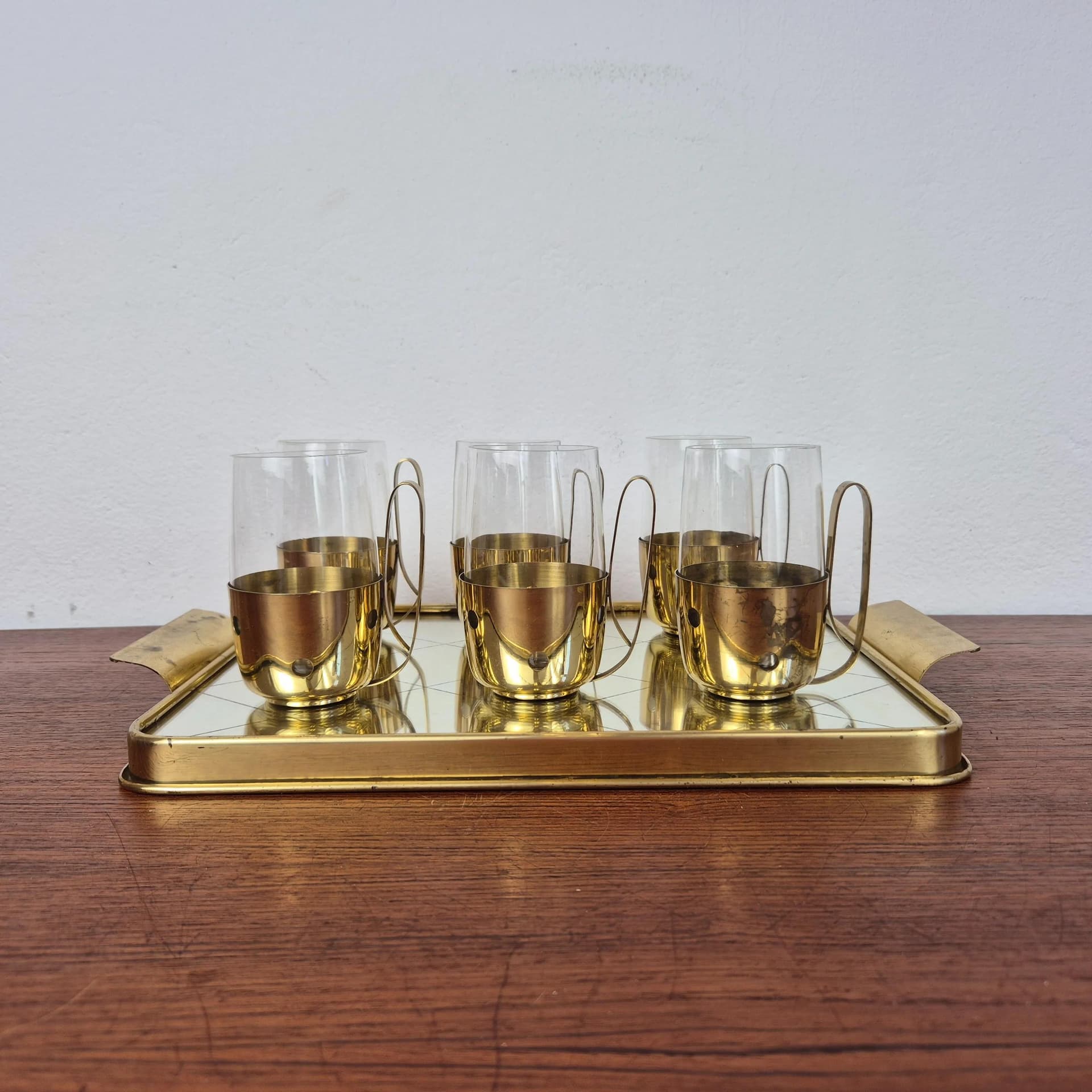 Komplet szklanek z tacą, złoty, szkło mosiądz, Niemcy, lata 50. - 68967