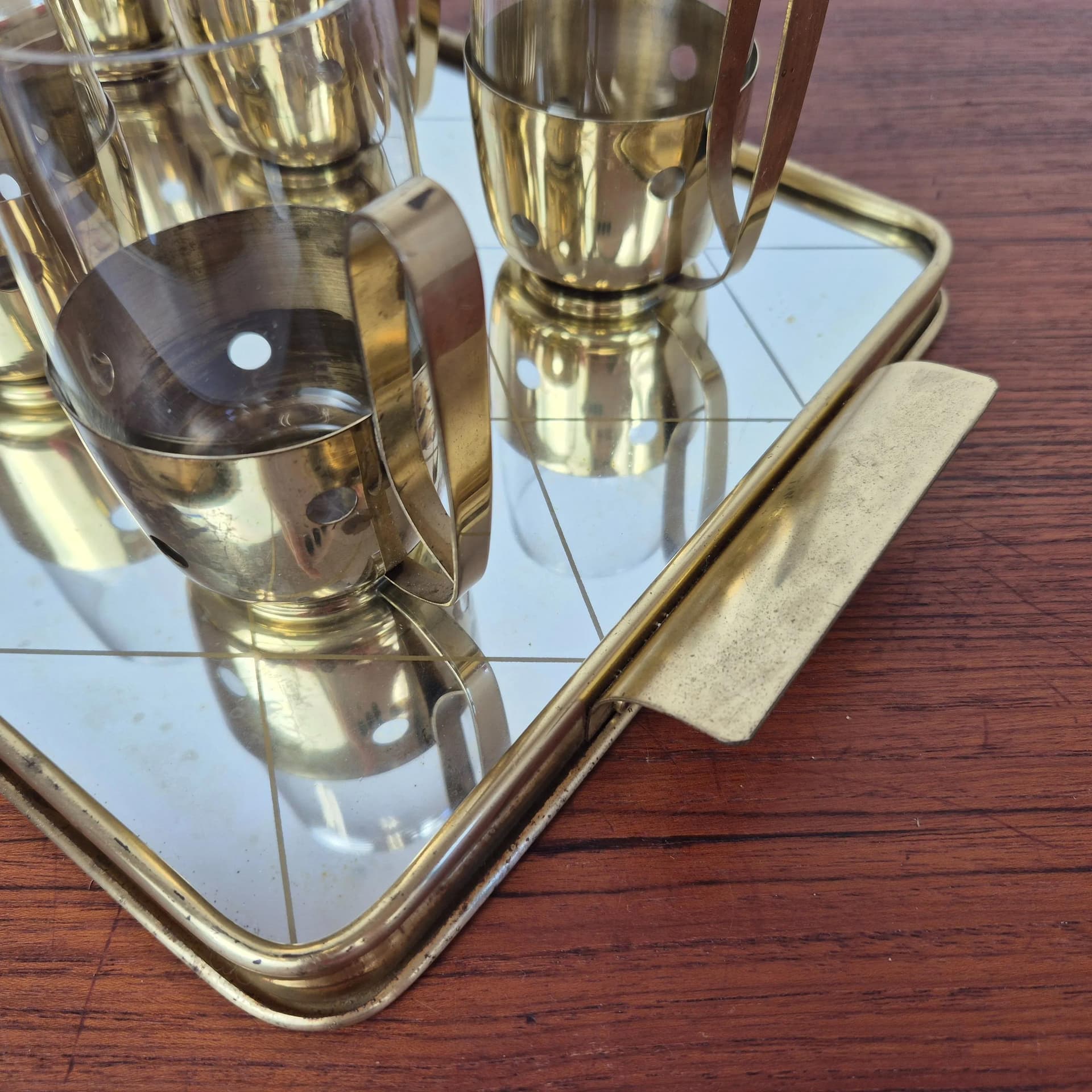 Komplet szklanek z tacą, złoty, szkło mosiądz, Niemcy, lata 50. - 68975