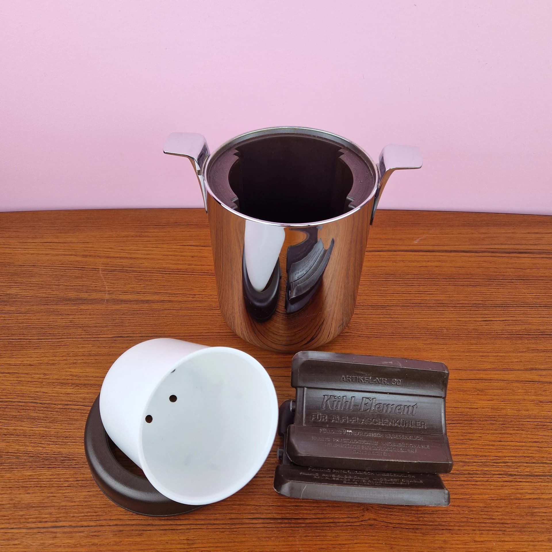 Zestaw pojemników na lód i cooler, chrom szkło, Alfi, Niemcy, lata 70. - 68916