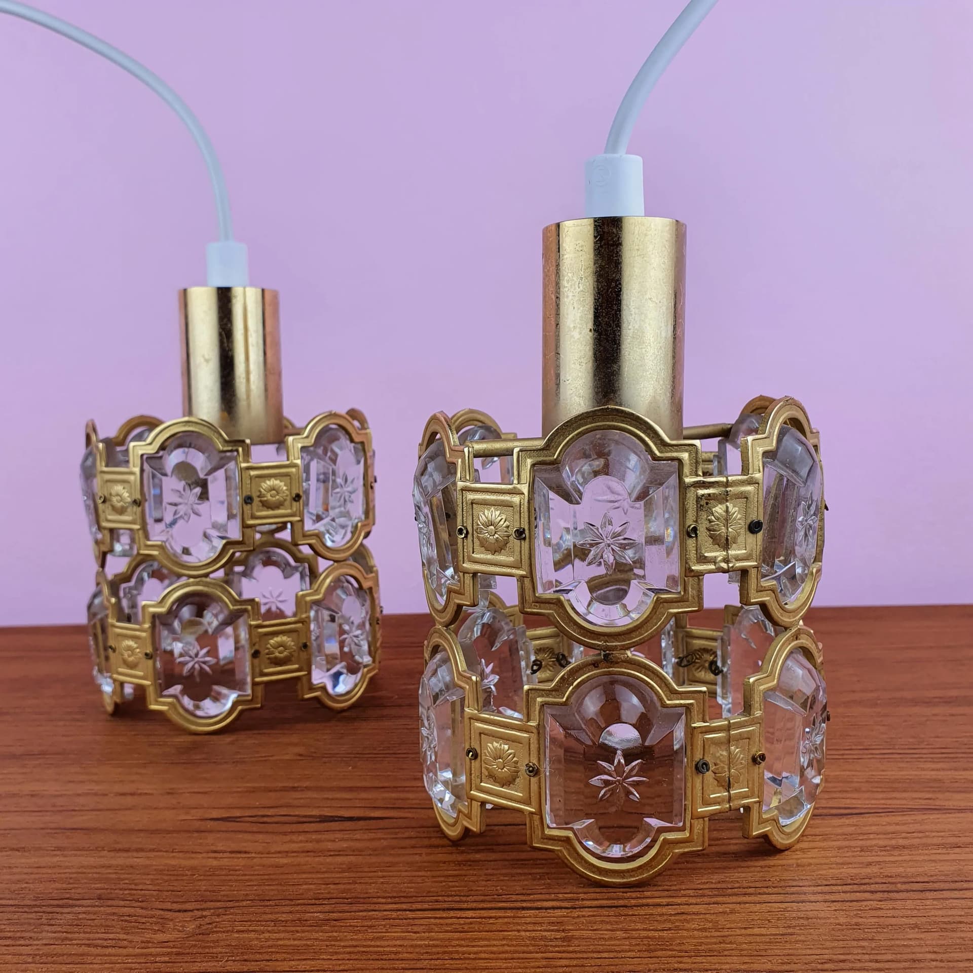 Pair of pendant lamps, golden brass, crystal, Sweden, 1960s. - 68907