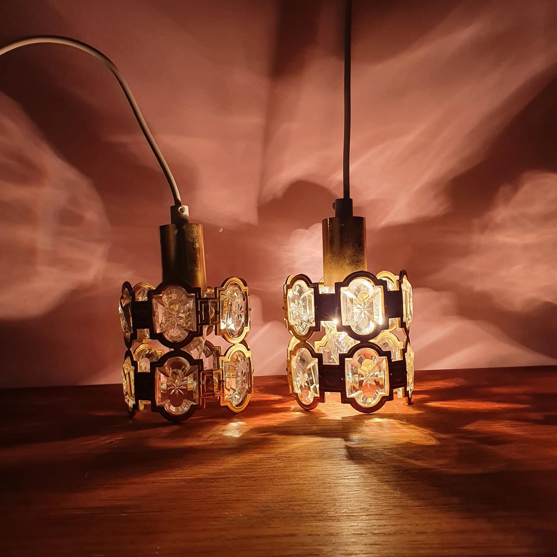 Pair of pendant lamps, golden brass, crystal, Sweden, 1960s. - 68906