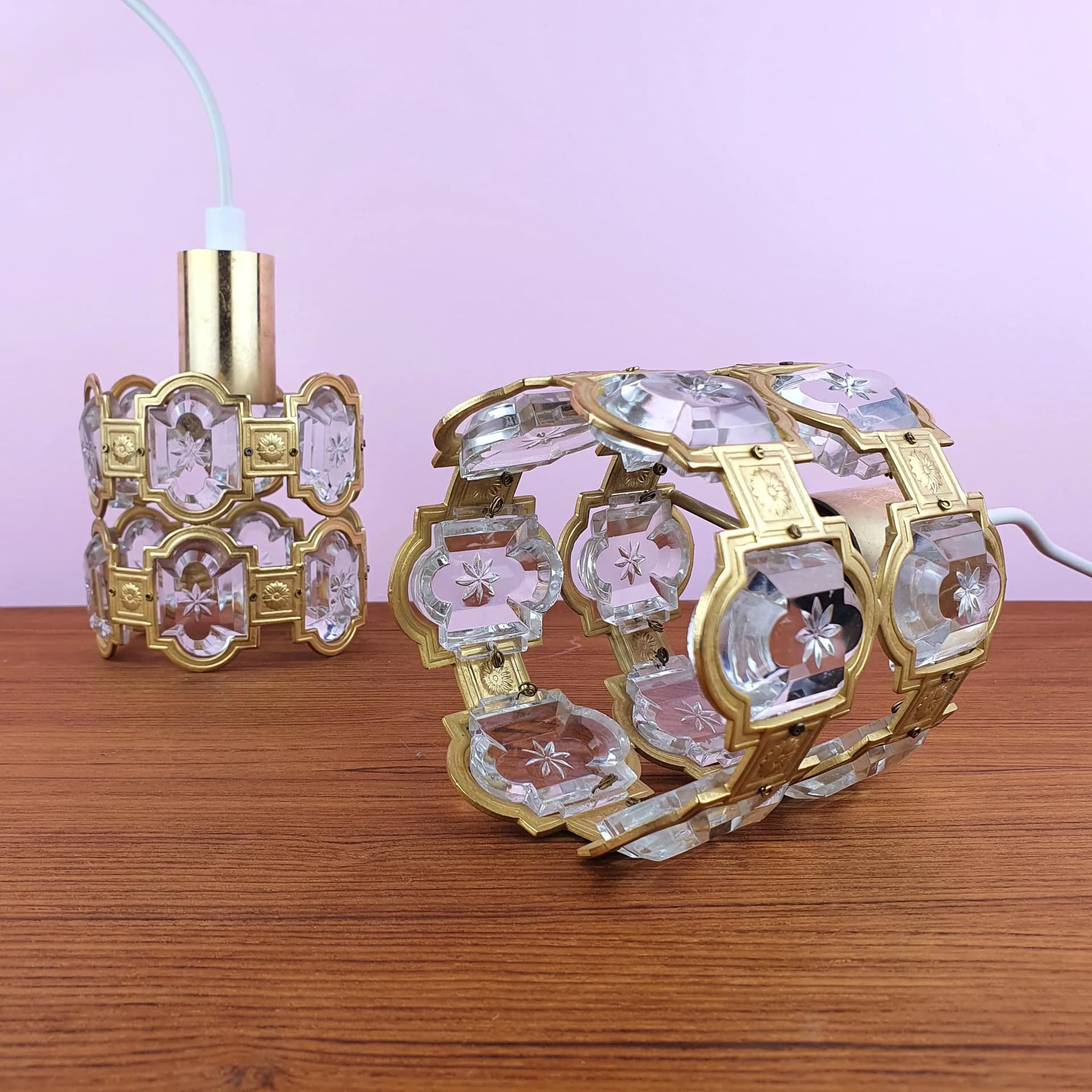 Pair of pendant lamps, golden brass, crystal, Sweden, 1960s. - 68909