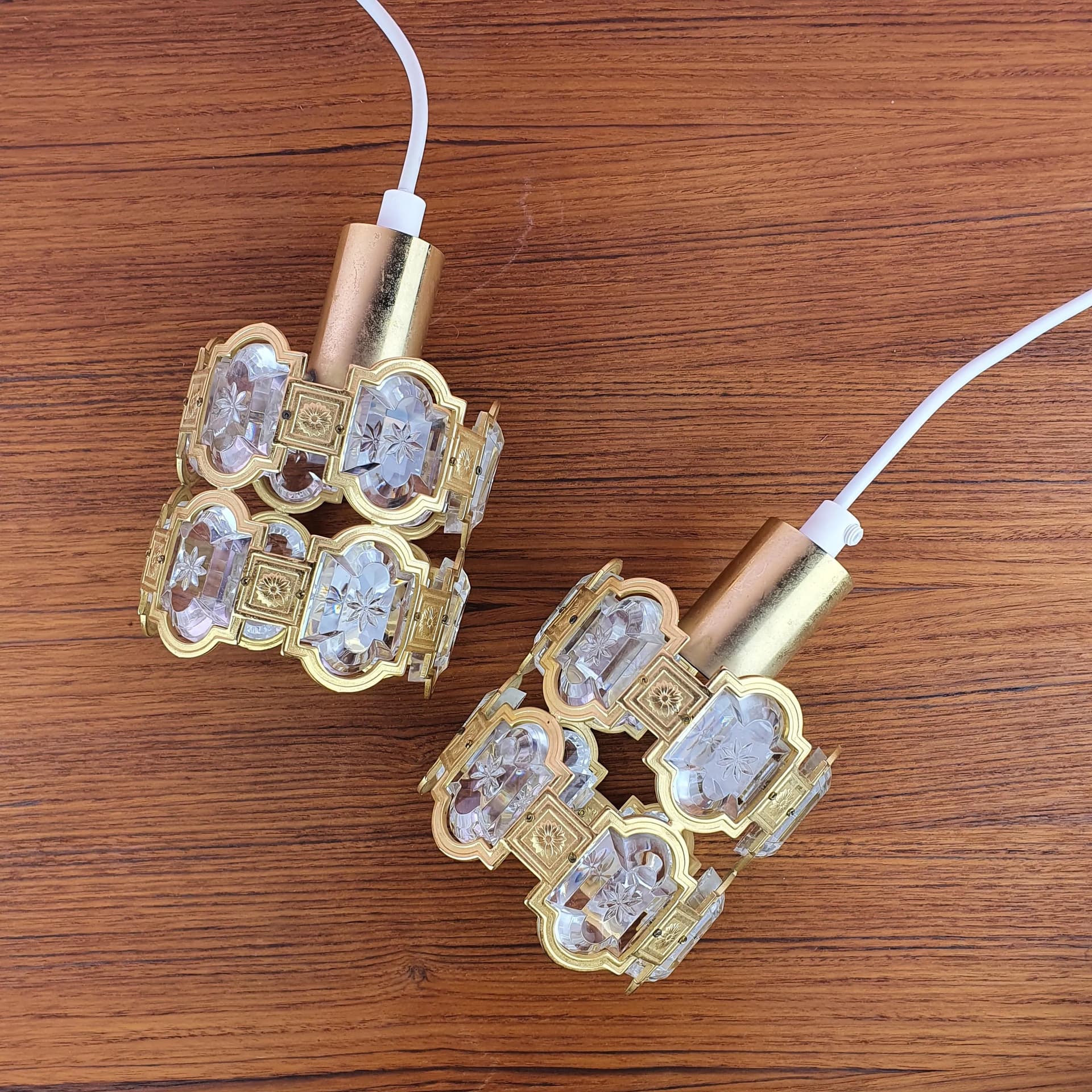 Pair of pendant lamps, golden brass, crystal, Sweden, 1960s. - 68903