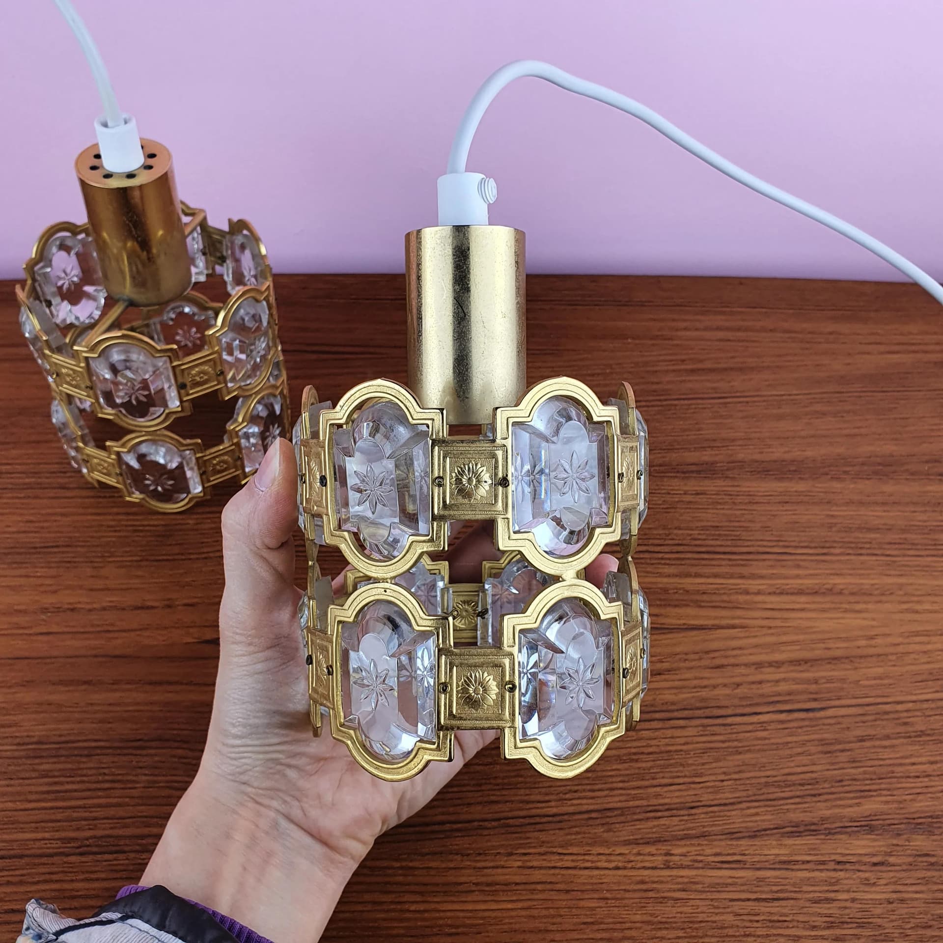 Pair of pendant lamps, golden brass, crystal, Sweden, 1960s. - 68904