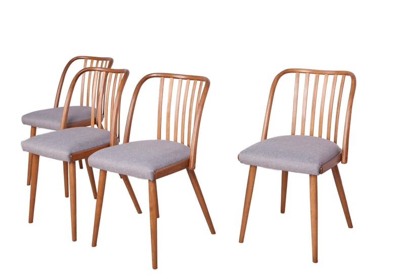 Komplet czterech krzeseł, szara tapicerka, drewno dąb, proj. A. Suman, TON, Czechosłowacja, lata 60.