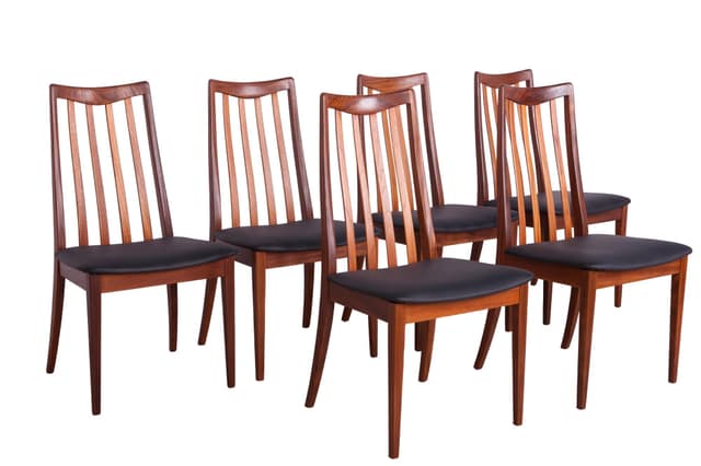 Komplet sześciu krzeseł, teak, skóra czarna, proj. L. Dandy, G-Plan, Wielka Brytania, lata 60. - WYMIARY