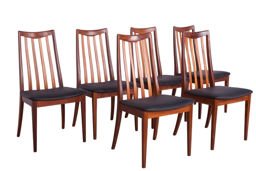 Komplet sześciu krzeseł, teak, skóra czarna, proj. L. Dandy, G-Plan, Wielka Brytania, lata 60.