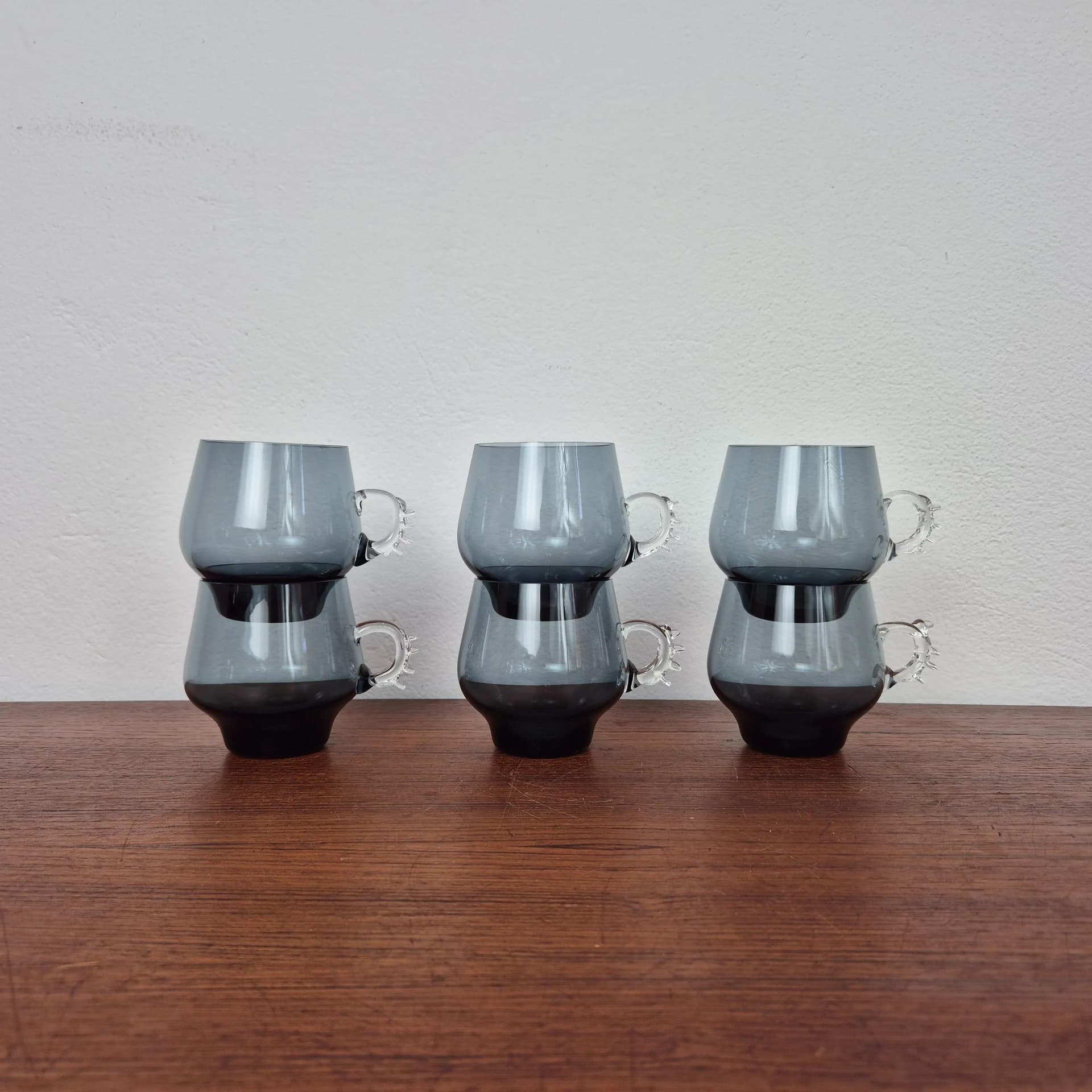 Komplet sześciu szklanek Atlantis, szkło szare, proj. P. Lütken, Holmegaard, Dania, lata 80. - 73176