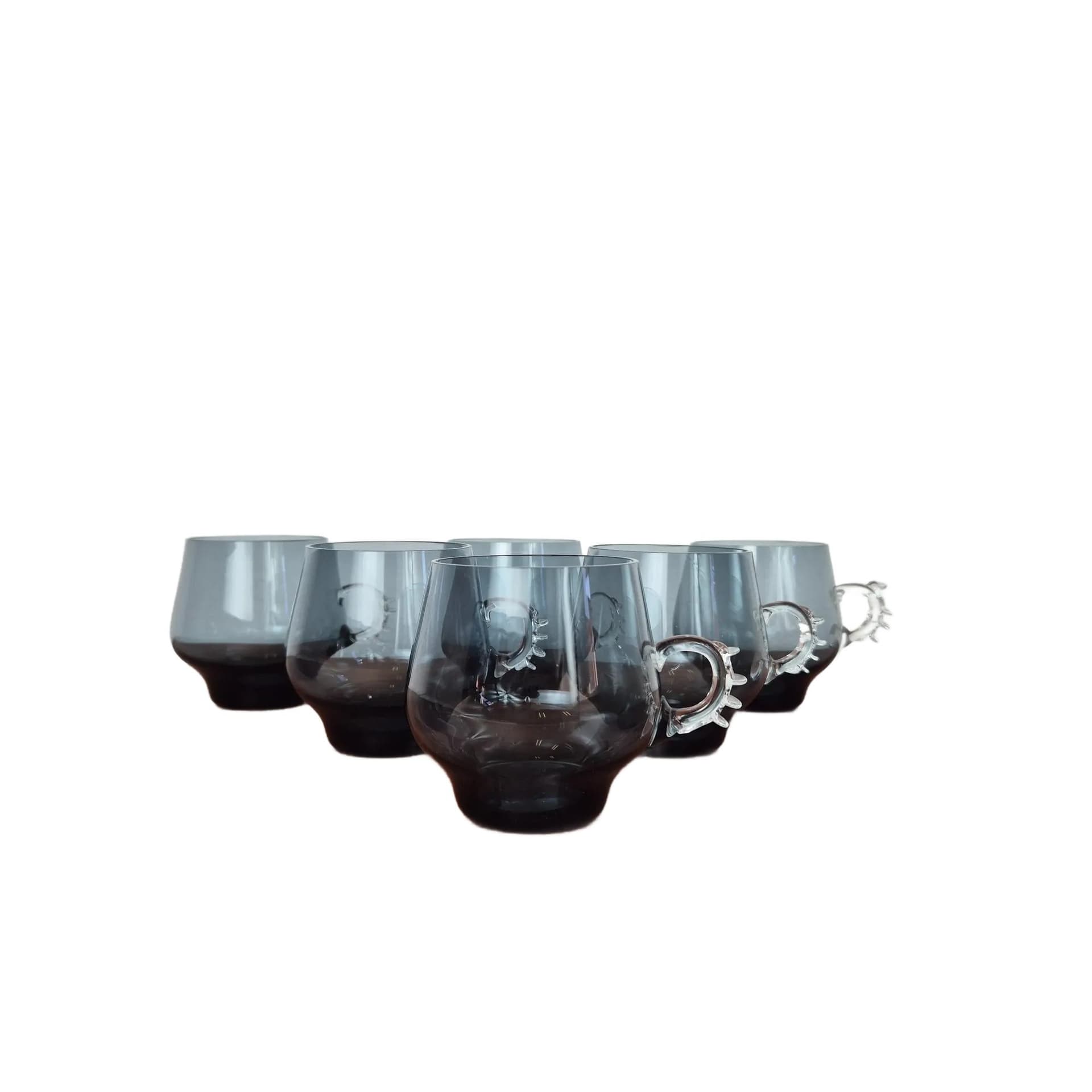 Komplet sześciu szklanek Atlantis, szkło szare, proj. P. Lütken, Holmegaard, Dania, lata 80.