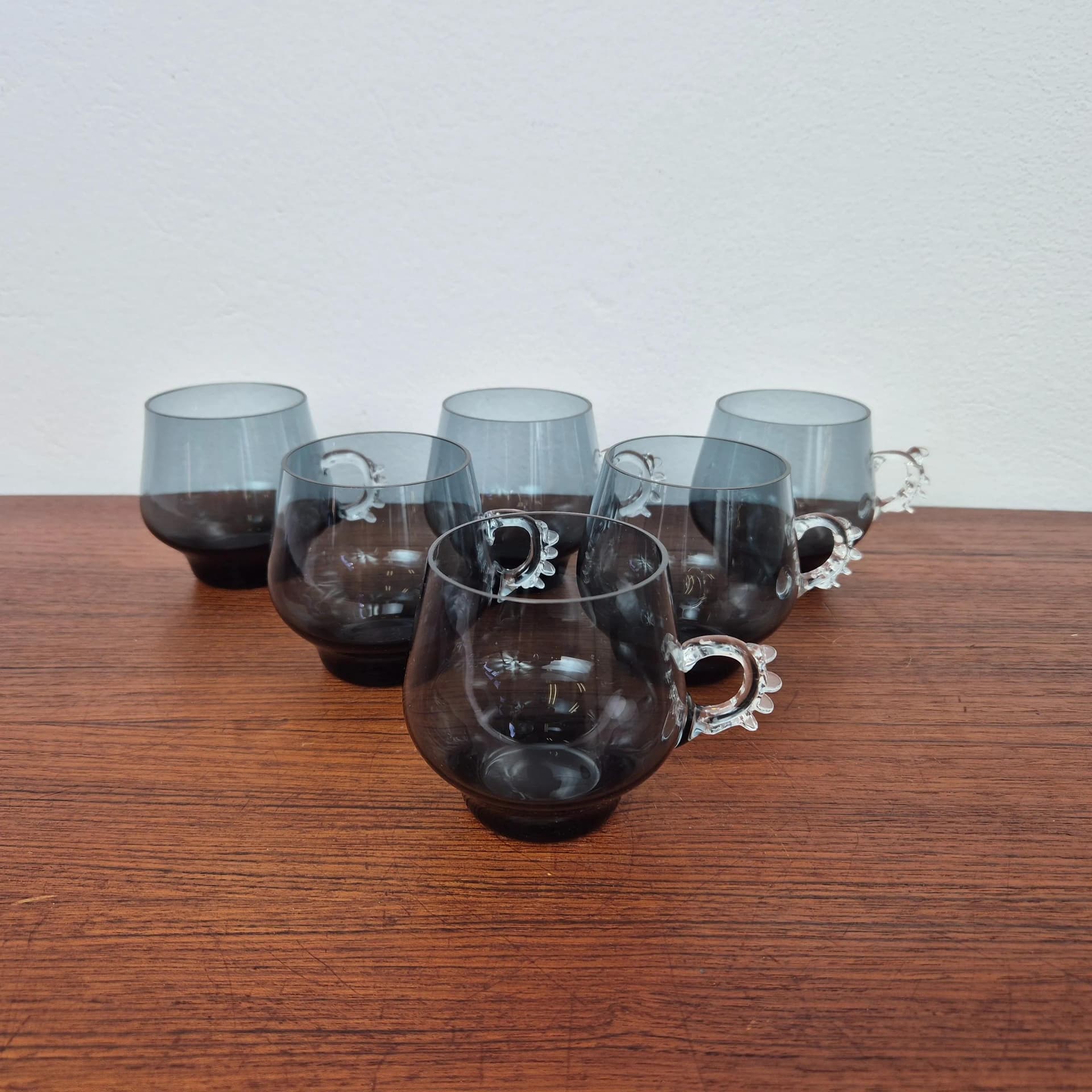 Komplet sześciu szklanek Atlantis, szkło szare, proj. P. Lütken, Holmegaard, Dania, lata 80. - 73171