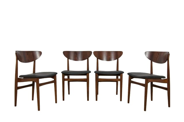 Komplet czterech krzeseł, buk brązowy, palisander brązowy, skóra naturalna czarna, Dania, lata 60. - WYMIARY