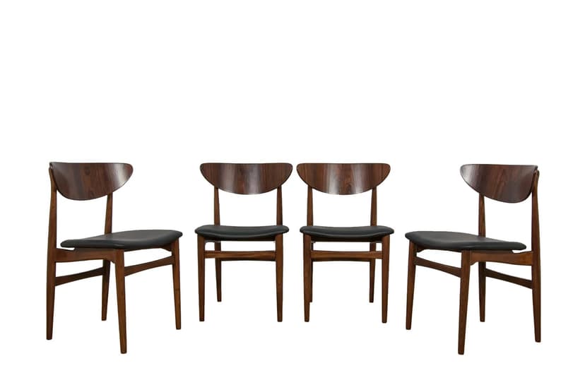 Komplet czterech krzeseł, buk brązowy, palisander brązowy, skóra naturalna czarna, Dania, lata 60.