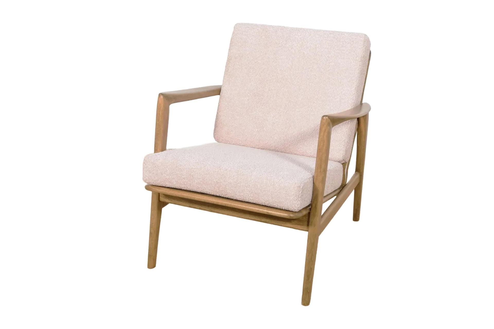 Fotel 300-139, boucle jasnoróżowy, buk brązowy, Swarzędzka Fabryka Mebli, Polska, lata 60.