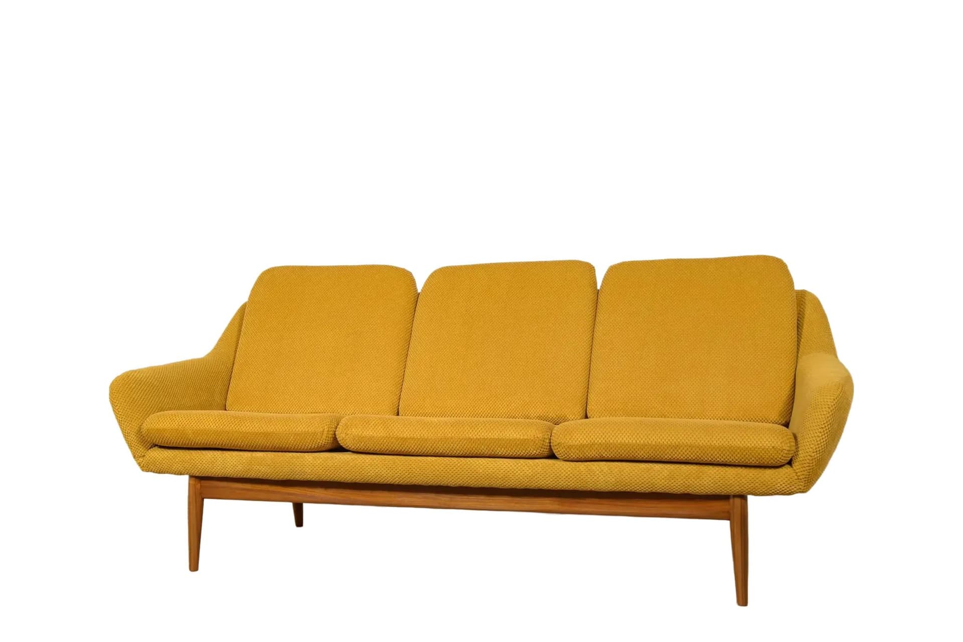 Sofa trzyosobowa, żółta, wełna, teak, proj. G. Berg, Norwegia, lata 60.