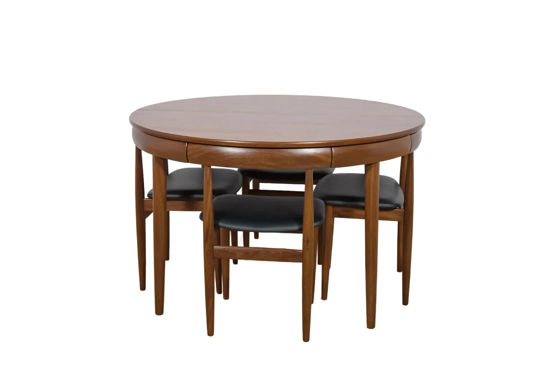 Zestaw jadalniany, teak brązowy, skóra naturalna czarna, proj. H. Olsen, Frem Røjle, Dania, lata 60.