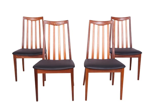 Komplet czterech krzeseł, teak brązowy, skóra czarna, proj. L. Dandy, G-Plan, Wielka Brytania, lata 60. - WYMIARY