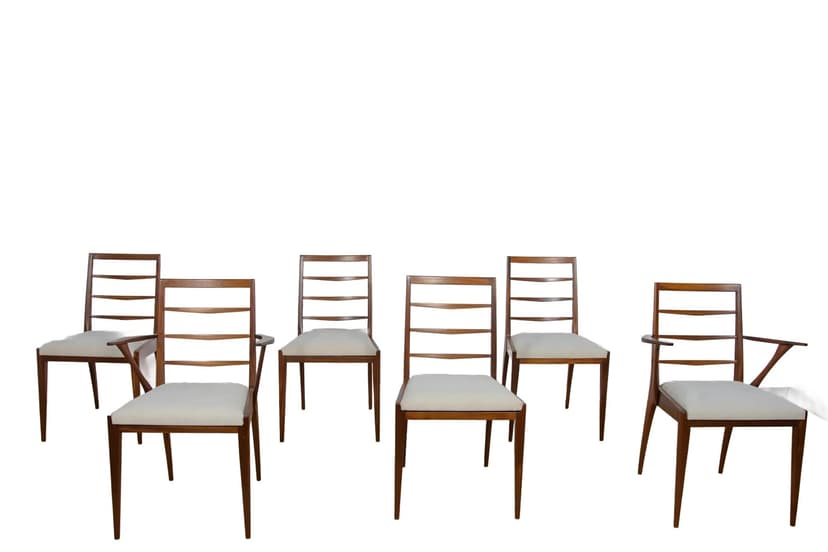 Komplet czterech krzeseł i dwóch foteli, drewno tekowe brązowe, tkanina kremowa, McIntosh, Wielka Brytania, lata 60.