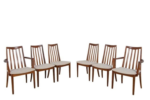 Komplet czterech krzeseł i dwóch foteli, teak brązowy jasny, proj. L. Dandy, G-Plan, Wielka Brytania, lata 60. - WYMIARY