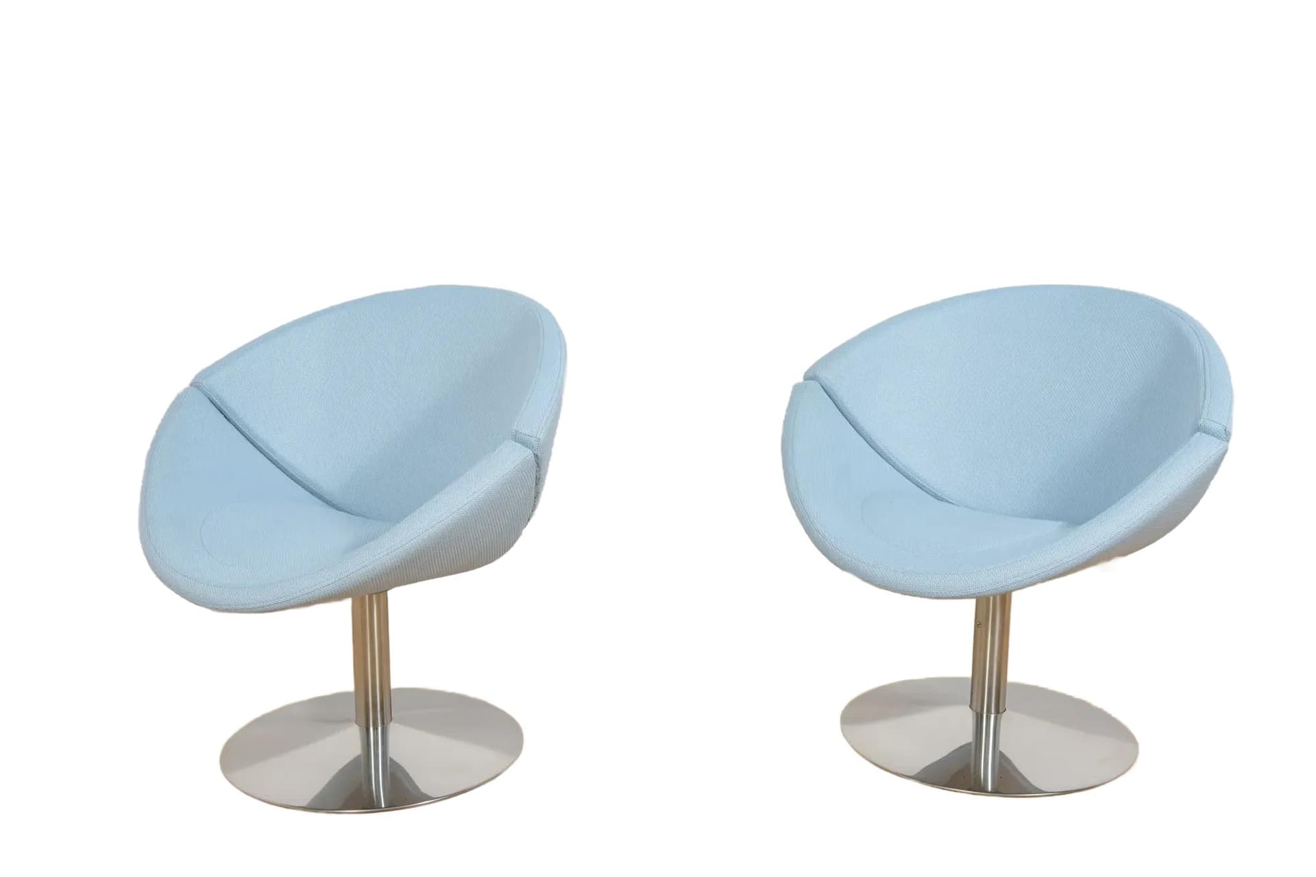 Pair of armchairs Apollo EJ 96, light blue, fabric, brushed steel, by P. H. Lorentzen & J. Foersom, Denmark, 21st c.