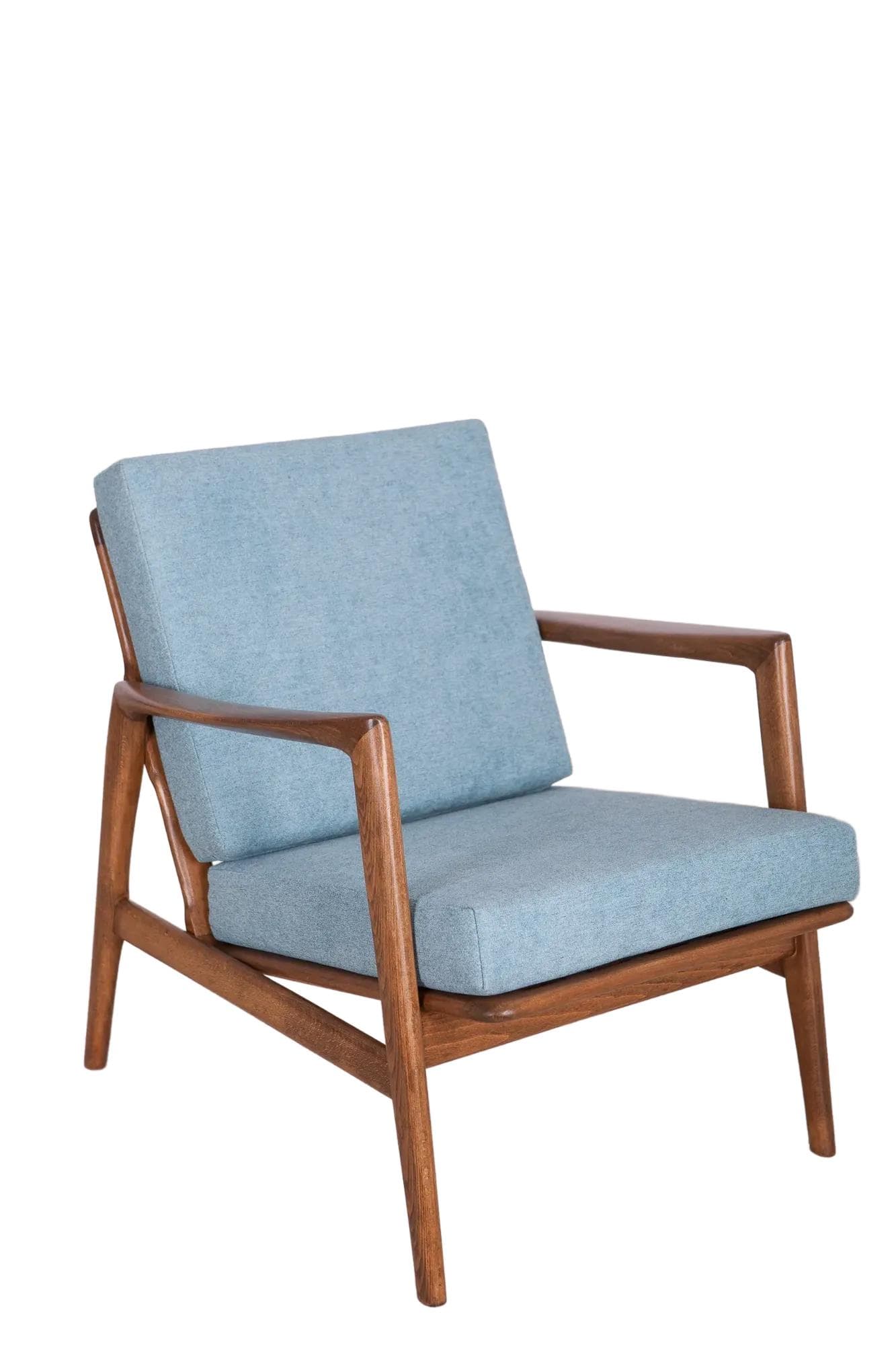 Fotel 300-139, buk orzech, tkanina niebieska, Swarzędzka Fabryka Mebli, Polska, lata 60.