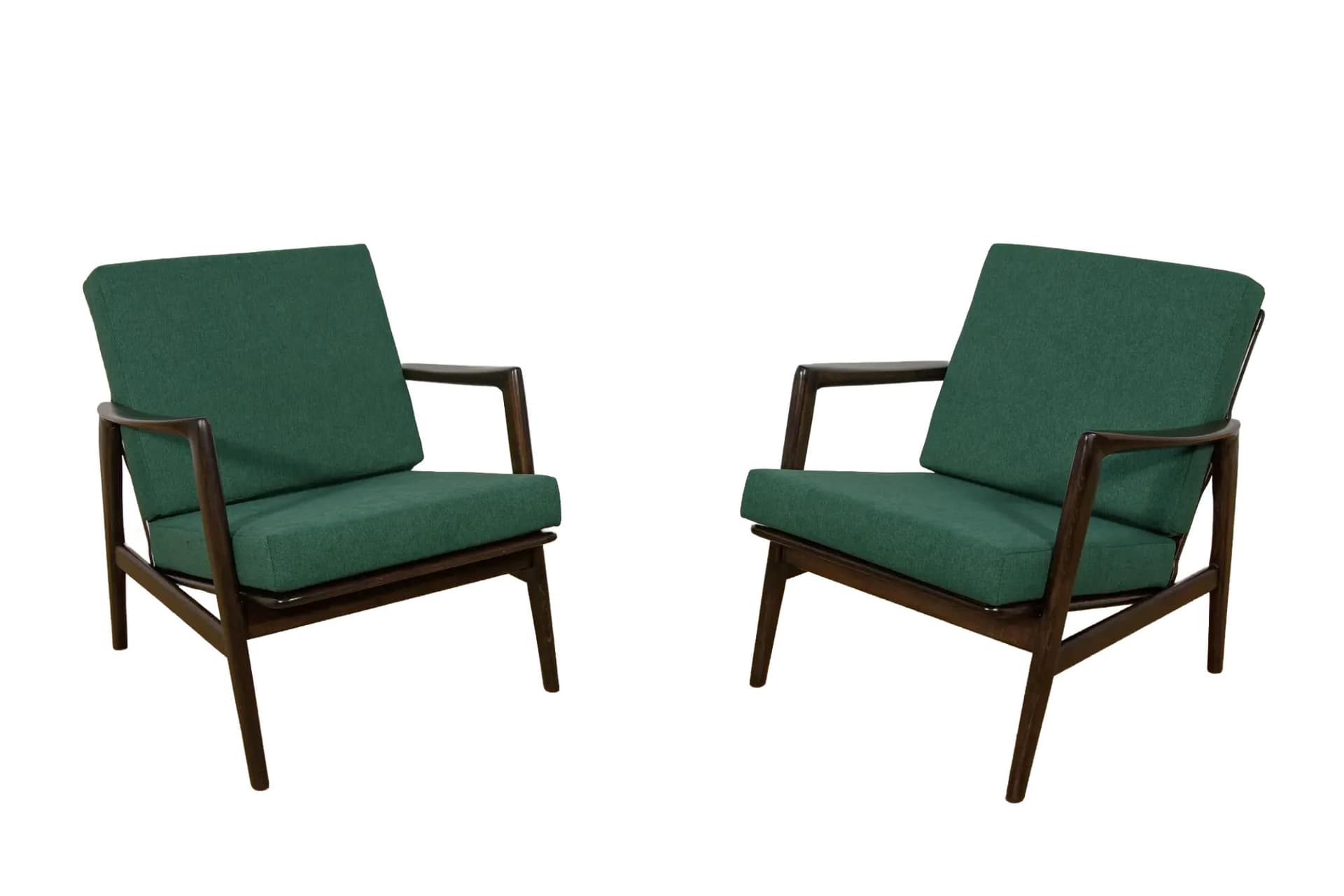 Para foteli 300-139, buk brązowy, tkanina zielona, Swarzędzka Fabryka Mebli, Polska, lata 60.