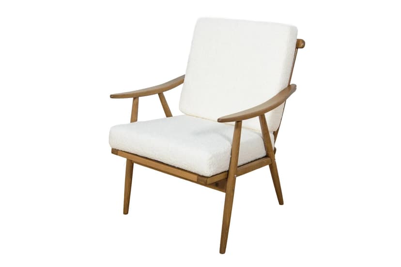 Fotel, boucle biały, buk brązowy, TON, Czechosłowacja, lata 60.