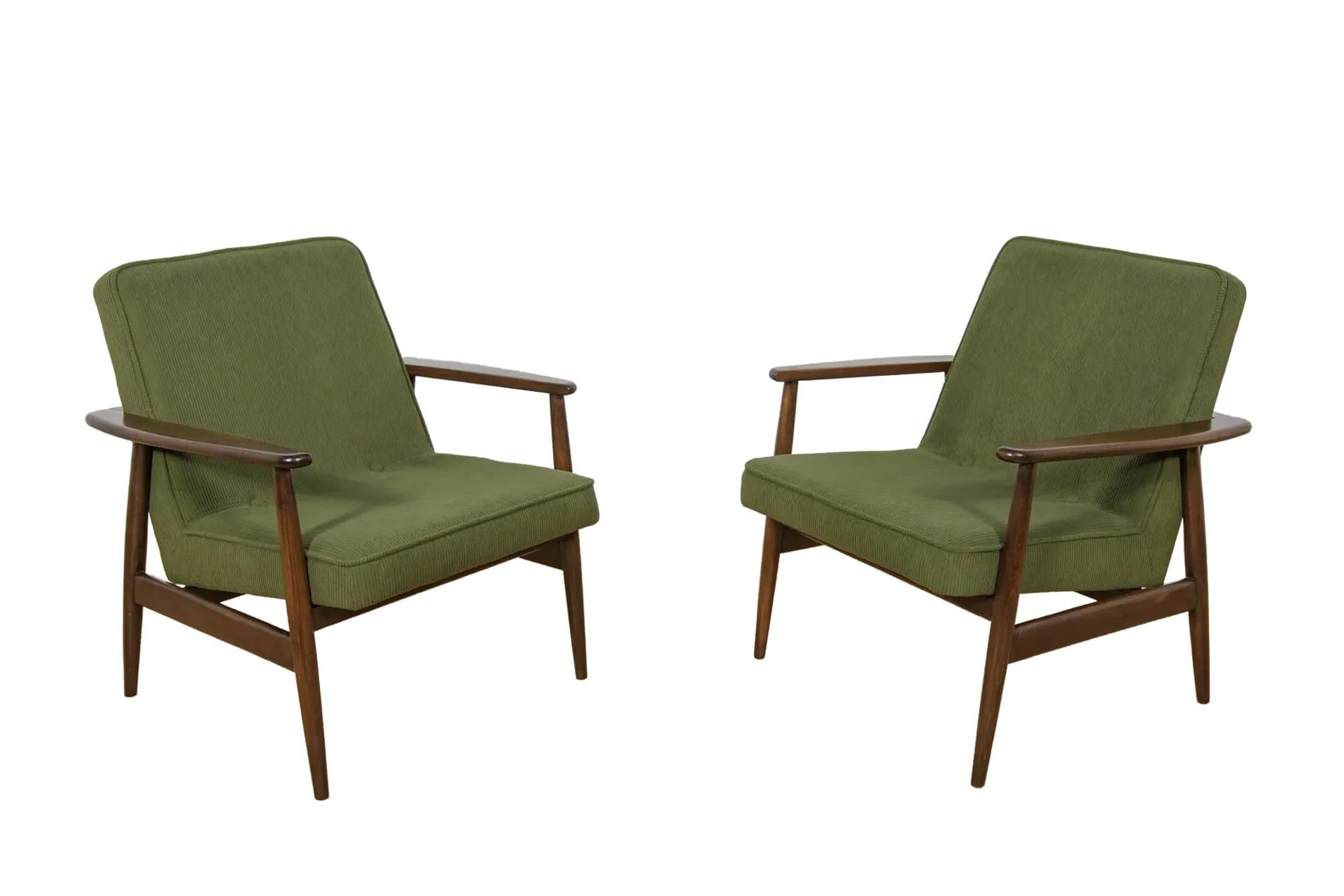 Pair of armchairs Typ 300-192, olive corduroy, rosewood-stained beech, by J. Kędziorek, Poland, 1970s.