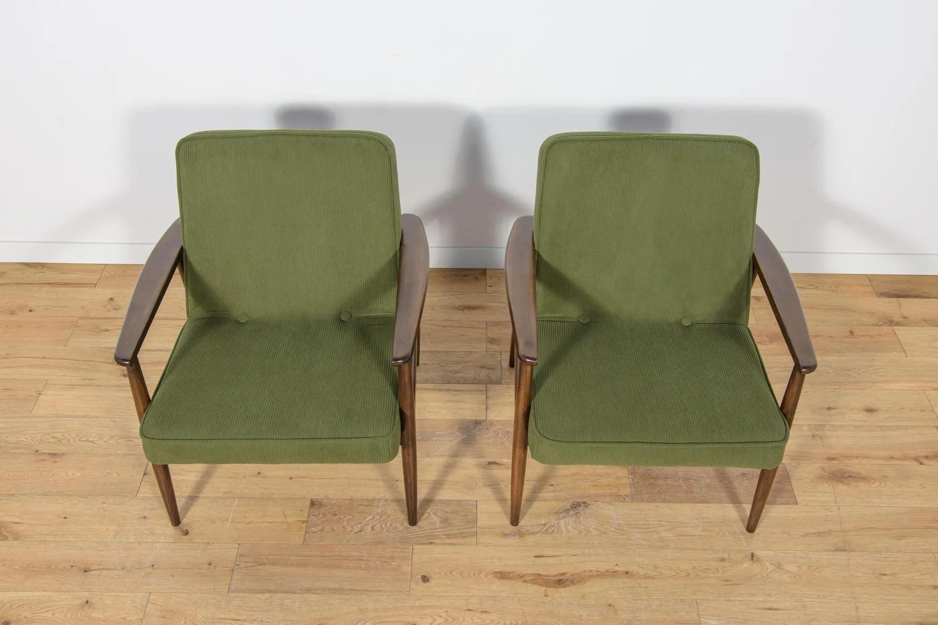 Pair of armchairs Typ 300-192, olive corduroy, rosewood-stained beech, by J. Kędziorek, Poland, 1970s. - 71110