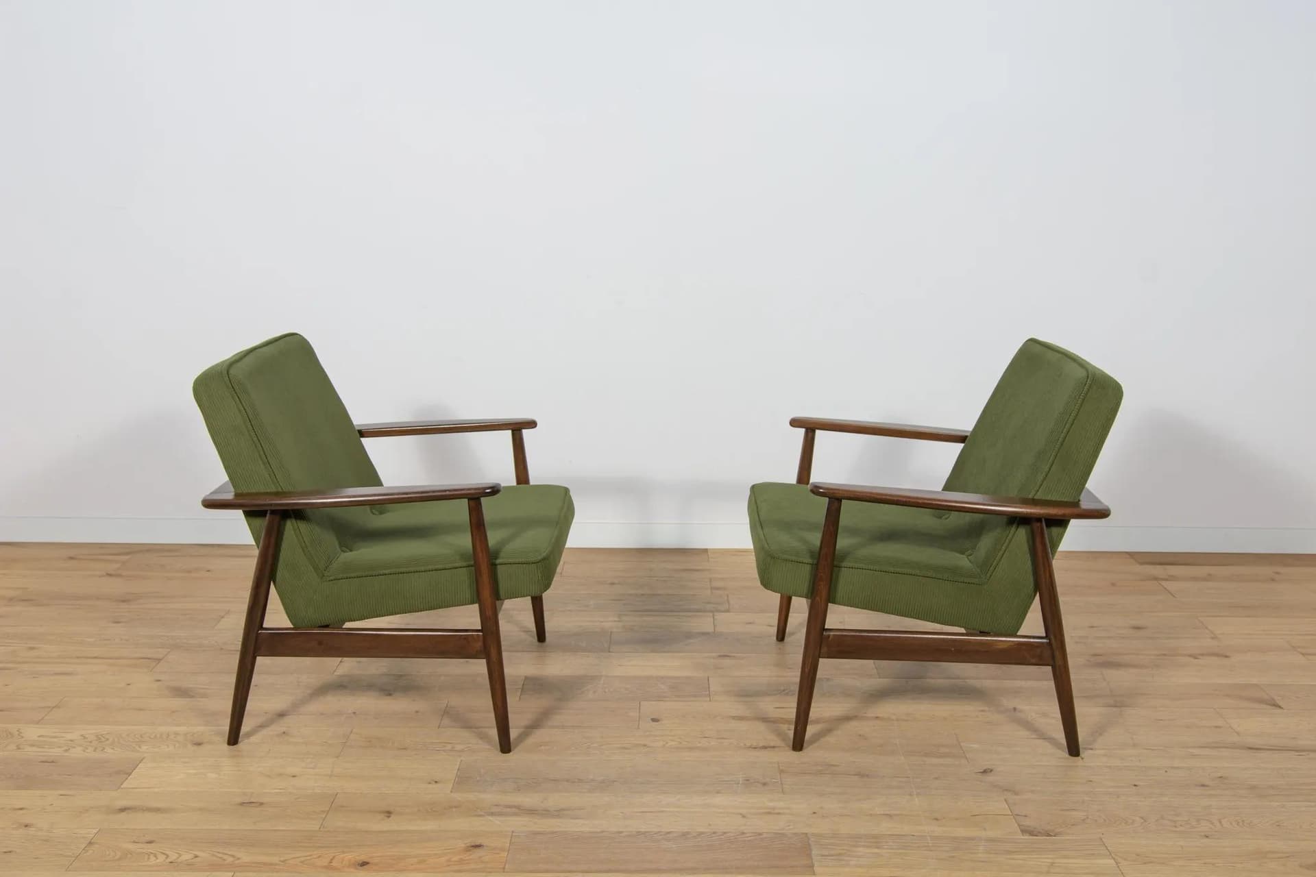 Pair of armchairs Typ 300-192, olive corduroy, rosewood-stained beech, by J. Kędziorek, Poland, 1970s. - 71114