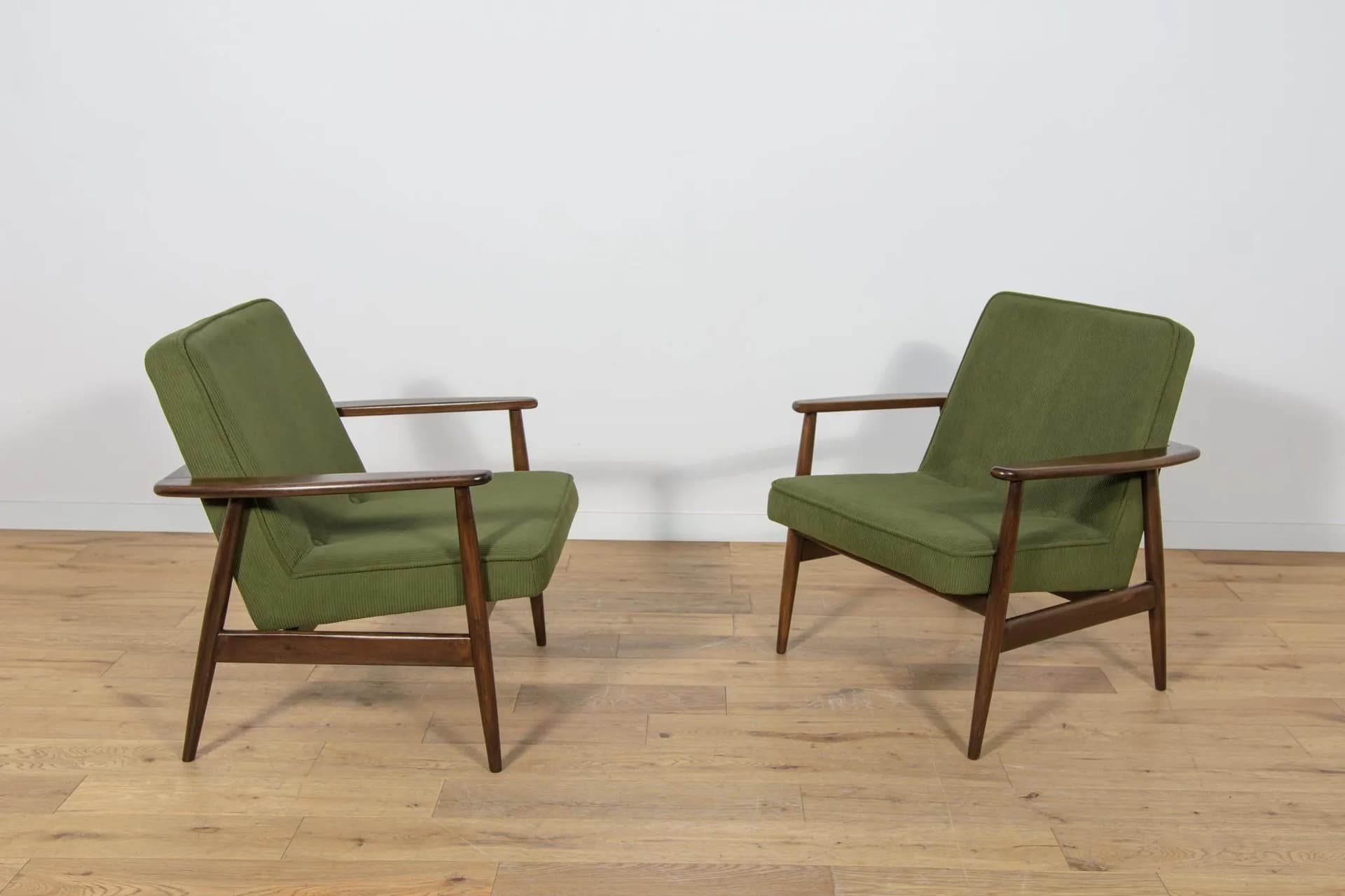 Pair of armchairs Typ 300-192, olive corduroy, rosewood-stained beech, by J. Kędziorek, Poland, 1970s. - 71116
