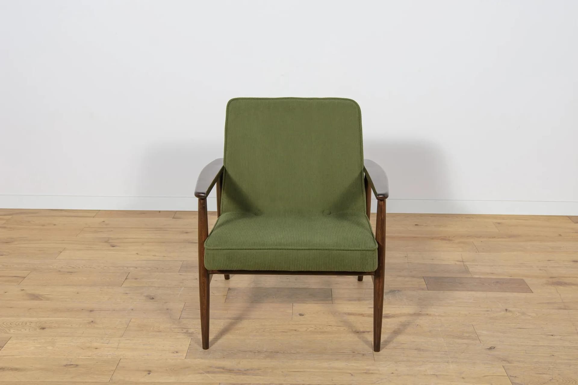 Pair of armchairs Typ 300-192, olive corduroy, rosewood-stained beech, by J. Kędziorek, Poland, 1970s. - 71117