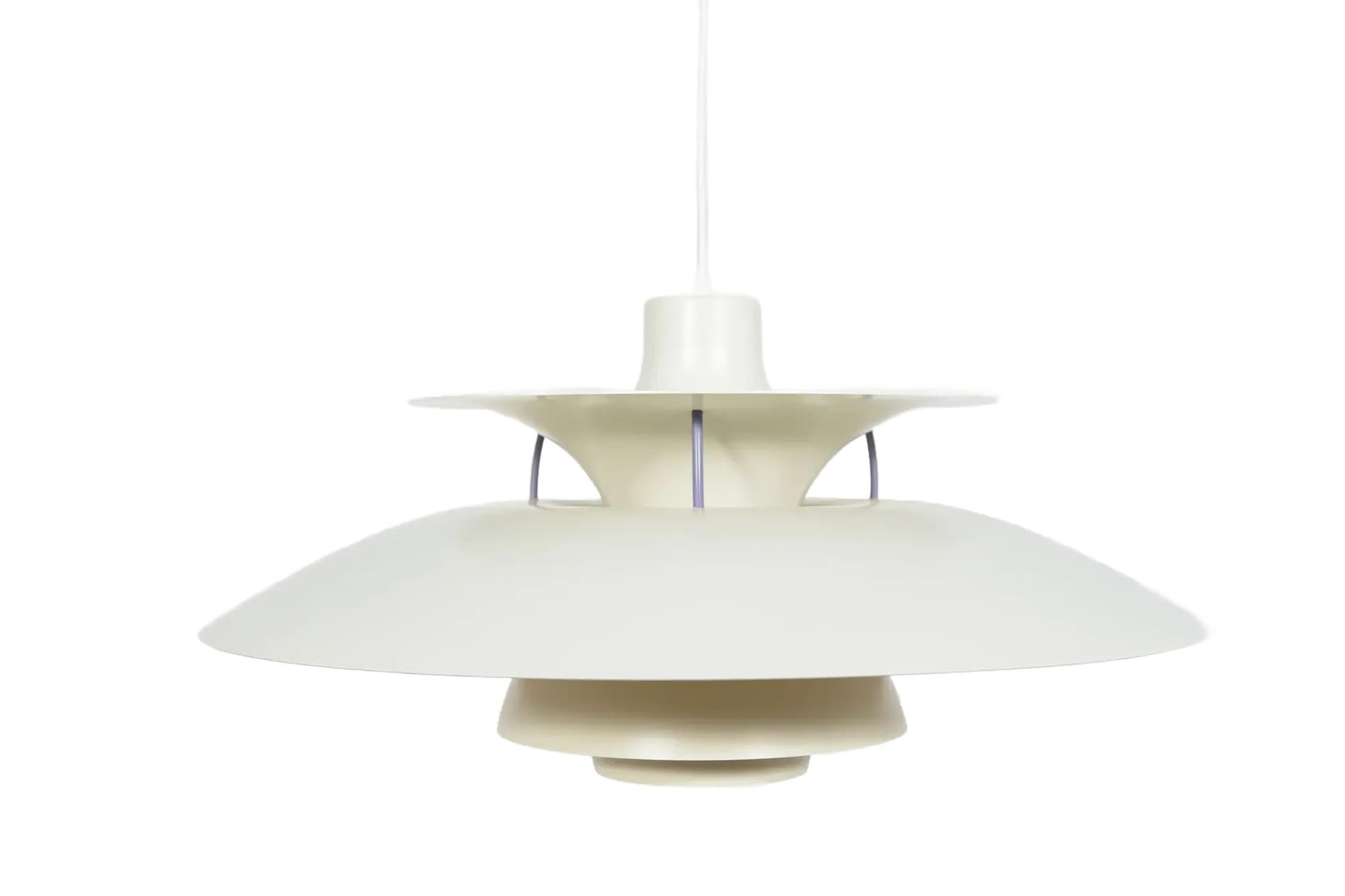 Pendant lamp PH5, ivory white, aluminum, by P. Henningsen, Louis Poulsen, Denmark, 1960s.