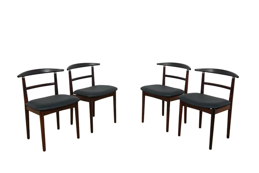 Komplet czterech krzeseł, palisander brązowy, skóra naturalna czarna, proj. H. Sibast & B. Rammerskov, Dania, lata 60.