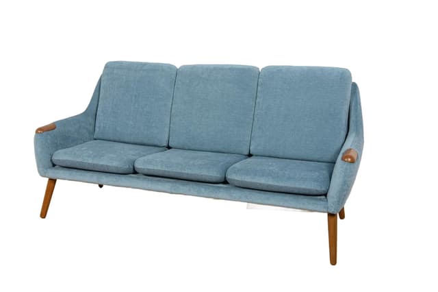 Sofa, dąb brązowy, tkanina niebieska, Dania, lata 60. - WYMIARY