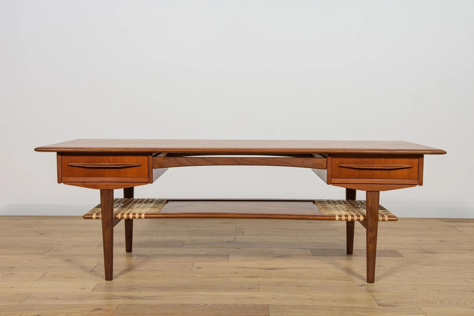 Coffee table, brown teak, rattan, Denmark, 1960s. - 70714
